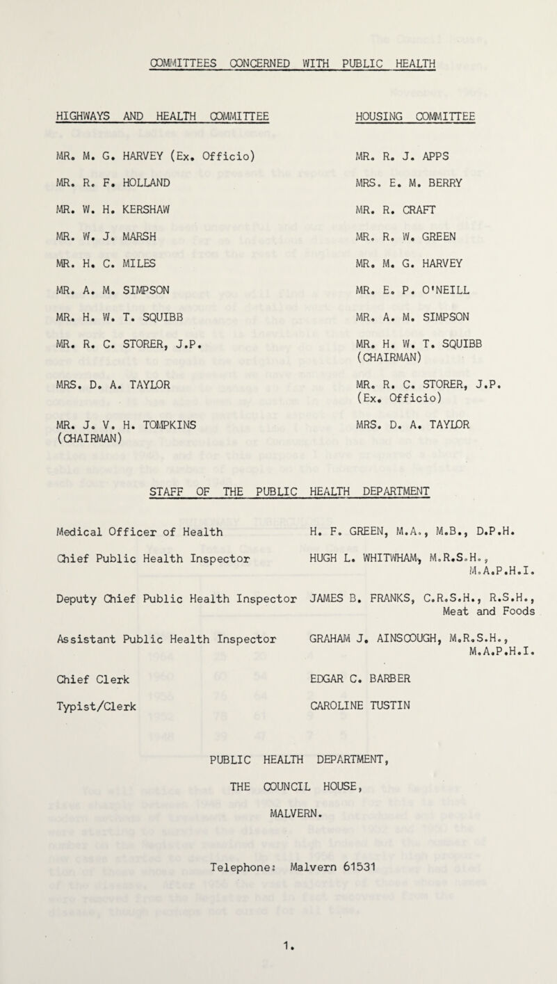 COMMITTEES CONCERNED WITH PUBLIC HEALTH HIGHWAYS AND HEALTH COMMITTEE HOUSING COMMITTEE MR. M. G. HARVEY (Ex. Officio) MR. R. J. APPS MR. R. F. HOLLAND MRS. E. M. BERRY MR. W. H. KERSHAW MR. R. CRAFT MR. W, J. MARSH MR. R. W. GREEN MR. H. C. MILES MR. M. G. HARVEY MR. A. M. SIMPSON MR. E. P. O’NEILL MR. H. W. T. SQUIBB MR. A. M. SIMPSON MR. R. C. STORER, J.P. MR. H. W. T. SQUIBB (CHAIRMAN) MRS. D. A. TAYLOR MR. R. C. STORER, J.P. (Ex. Officio) MR. J. V. H. TOMPKINS (CHAIRMAN) MRS. D. A. TAYLOR STAFF OF THE PUBLIC HEALTH DEPARTMENT Medical Officer of Health H. F. GREEN, M.A., M.B., D.P.H. Chief Public Health Inspector HUGH L. WHITWHAM', M.R.S.H., M.A.P.H.I. Deputy Chief Public Health Inspector JAMES B. FRANKS, C.R.S.H., R.S.H., Meat and Foods Assistant Public Health Inspector GRAHAM J. AINSCOUGH, M.R.S.H., M.A.P.H.I. Chief Clerk EDGAR C. BARBER Typist/Clerk CAROLINE TUSTIN PUBLIC HEALTH DEPARTMENT, THE COUNCIL HOUSE, MALVERN. Telephone; Malvern 61531