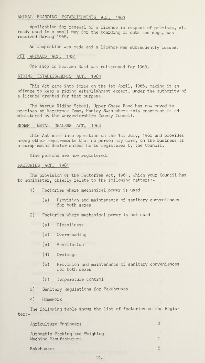 ANIMAL BOARDING ESTABLISHMENTS ACT, 1963 Application for renewal of a licence in respect of premises, al¬ ready used in a small way for the boarding of cats and dogs, was received during 1968, An inspection was made and a licence was subsequently issued,. PET ANIMALS ACT, 1951 One shop in Newtown Road was relicensed for 1968. RIDING ESTABLISHMENTS ACT, 1964 This Act came into force on the 1st April, 1965, making it an offence to keep a riding establishment except, under the authority of a licence granted for that purpose. The Avenue Riding School, Upper Chase Road has now moved to premises at Merebrook Camp, Hanley Swan where this enactment is ad¬ ministered by the Worcestershire County Council. SCRAP METAL DEALERS ACT, 1964 This Act came into operation on the 1st July, 1965 and provides among other requirements that no person may carry on the business as a scrap metal dealer unless he is registered by the Council. Nine persons are now registered. FACTORIES ACT. 1961 The provision of the Factories Act, 1961, which your Council to administer, chiefly relate to the following matters?- 1) Factories where mechanical power is used (a) Provision and maintenance of sanitary conveniences for both sexes 2) Factories where mechanical power is not used (a) Cleanliness (b) Overcrowding (c) Ventilation (d) Drainage (e) Provision and maintenance of sanitary conveniences for both sexes (f) Temperature control 3) Sanitary Regulations for Bakehouses 4) Homework The following table shows the list of factories on the Regis¬ ters - Agriculture Engineers 2 Automatic Packing and Weighing Machine Manufacturers 1 Bakehouses 6 12.