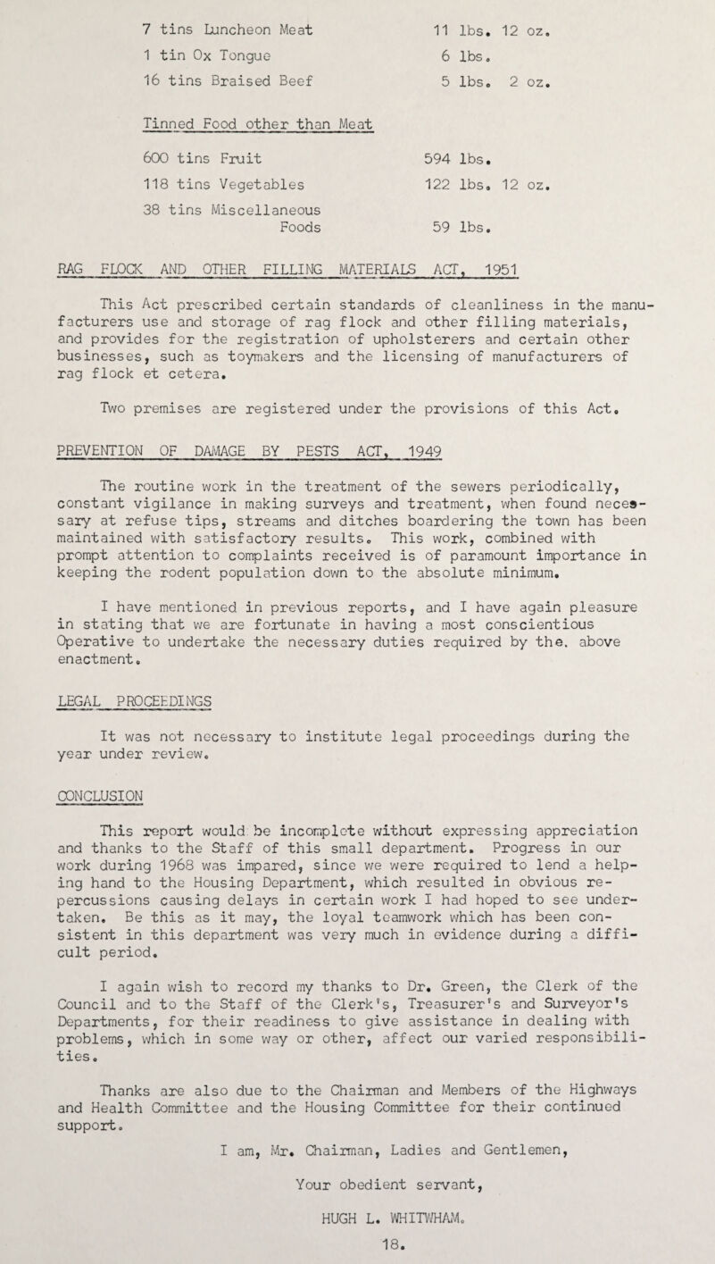 7 tins Luncheon Meat 1 tin Ox Tongue 16 tins Braised Beef 11 lbs* 12 oz. 6 lbs* 5 lbs* 2 oz. Tinned Food other than Meat 600 tins Fruit 118 tins Vegetables 38 tins Miscellaneous Foods 594 lbs. 122 lbs* 12 oz. 59 lbs. RAG FLOCK AND OTHER FILLING MATERIALS ACT. 1951 This Act prescribed certain standards of cleanliness in the manu¬ facturers use and storage of rag flock and other filling materials, and provides for the registration of upholsterers and certain other businesses, such as toymakers and the licensing of manufacturers of rag flock et cetera. Two premises are registered under the provisions of this Act. PREVENTION OF DAMAGE BY PESTS ACT* 1949 The routine work in the treatment of the sewers periodically, constant vigilance in making surveys and treatment, when found neces¬ sary at refuse tips, streams and ditches boardering the town has been maintained with satisfactory results. This work, combined with prompt attention to complaints received is of paramount importance in keeping the rodent population down to the absolute minimum. I have mentioned in previous reports, and I have again pleasure in stating that we are fortunate in having a most conscientious Operative to undertake the necessary duties required by the. above enactment. LEGAL PROCEEDINGS It was not necessary to institute legal proceedings during the year under review. CONCLUSION This report would be incomplete without expressing appreciation and thanks to the Staff of this small department. Progress in our work during 1968 was impared, since we were required to lend a help¬ ing hand to the Housing Department, which resulted in obvious re¬ percussions causing delays in certain work I had hoped to see under¬ taken. Be this as it may, the loyal teamwork which has been con¬ sistent in this department was very much in evidence during a diffi¬ cult period. I again wish to record my thanks to Dr. Green, the Clerk of the Council and to the Staff of the Clerk's, Treasurer's and Surveyor’s Departments, for their readiness to give assistance in dealing with problems, which in some way or other, affect our varied responsibili¬ ties. Thanks are also due to the Chairman and Members of the Highways and Health Committee and the Housing Committee for their continued support. I am, Mr. Chairman, Ladies and Gentlemen, Your obedient servant, HUGH L. WHITWHAM. 18.