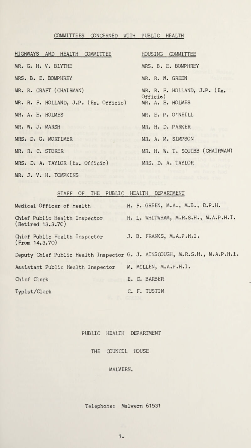 COMMITTEES CONCERNED WITH PUBLIC HEALTH HIGHWAYS AND HEALTH COMMITTEE MR. G. H. V. BLYTHE MRS. B. E. BOMPHREY MR. R. CRAFT (CHAIRMAN) MR. R. F. HOLLAND, J.P. (Ex. Officio) MR. A. E. HOLMES MR. W. J. MARSH MRS. D. G. MORTIMER * MR. R. C. STORER MRS. D. A. TAYLOR (Ex. Officio) MR. J. V. H. TOMPKINS HOUSING COMMITTEE MRS. B. E. BOMPHREY MR. R. W. GREEN MR. R. F. HOLLAND, J.P. (Ex. Officio) MR. A. E. HOLMES MR. E. P. O'NEILL MR. H. D. PARKER MR. A. M. SIMPSON MR. H. W. T. SQUIBB (CHAIRMAN) MRS. D. A. TAYLOR HEALTH DEPARTMENT STAFF OF THE PUBLIC Medical Officer of Health H. F. GREEN, M.A., M.B., D.P.H. Chief Public Health Inspector H. L. WHITWHAM, M.R.S.H., M.A.P.H.I (Retired 13.3.7C) Chief Public Health Inspector J. B. FRANKS, M.A.P.H.I. (From 14.3.70) Deputy Chief Public Health Inspector G. Assistant Public Health Inspector M. Chief Clerk E. Typist/Clerk C. J. AINS00UGH, M.R.S.H., M.A.P.H.I. MILLEN, M.A.P.H.I. C. BARBER F. TUSTIN PUBLIC HEALTH DEPARTMENT THE COUNCIL HOUSE MALVERN. Telephone: Malvern 61531 1.