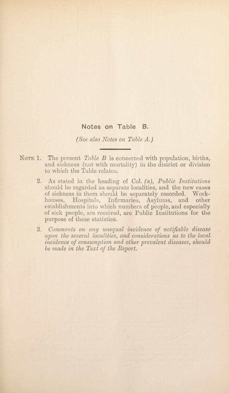 Notes on Table B. (See also Notes on Table A.) Note 1. The present Table B is concerned with population, births, and sickness (not with mortality) in the district or division to which the Table relates. 2. As stated in the heading of Col. (a), Public Institutions should be regarded as separate localities, and the new cases of sickness in them should be separately recorded. Work- houses, Hospitals, Infirmaries, Asylums, and other establishments into which numbers of people, and especially of sick people, are received, are Public Institutions for the purpose of these statistics. 3. Comments on any unequal incidence of notifiable disease upon the several localities, and considerations as to the local incidence of consumption and other prevalent diseases, should be made in the Text of the Beport.