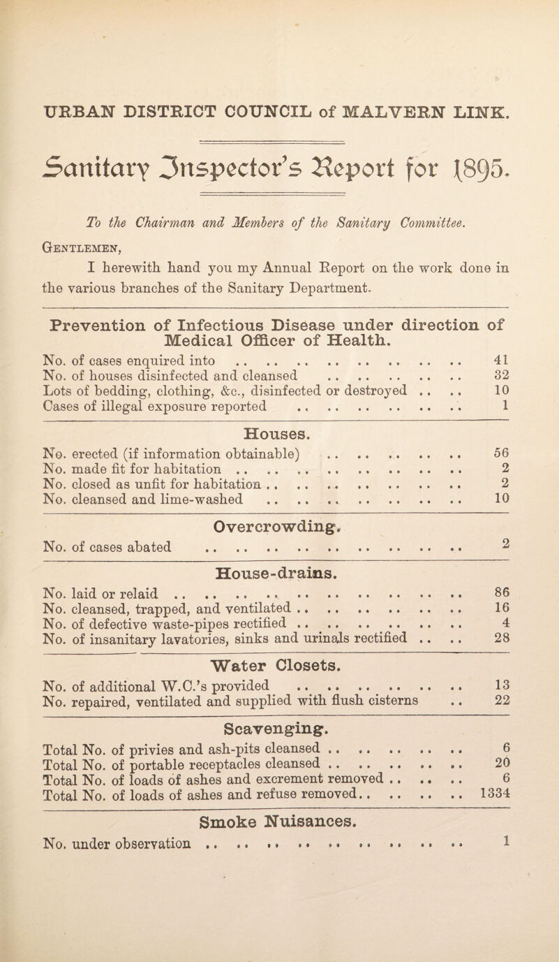 URBAN DISTRICT COUNCIL of MALVERN LINK. Sanitary Srtspector’s Hep or t for 1895. To the Chairman and Members of the Sanitary Committee. Gentlemen, I herewith hand you my Annual Report on the work done in the various branches of the Sanitary Department. Prevention of Infectious Disease under direction of Medical Officer of Health. No. of cases enquired into . . . .. 41 No. of houses disinfected and cleansed . 32 Lots of bedding1, clothing, &c., disinfected or destroyed .. ., 10 Cases of illegal exposure reported ...1 Houses. No. erected (if information obtainable) .. .. .. .. .. 56 No. made fit for habitation .. .. .. 2 No. closed as unfit for habitation .. .. 2 No. cleansed and lime-washed .. .. .. .. . . 10 Overcrowding, No. of cases abated .. .. ... .. .. 2 House-drains. No. laid or relaid . . .. .. .. .. .. .. .. .. *. 86 No. cleansed, trapped, and ventilated ., .. .. .. .. .. 16 No. of defective waste-pipes rectified ,. .. .... 4 No. of insanitary lavatories, sinks and urinals rectified .. .. 28 Water Closets. No. of additional W.C.’s provided .. .. .. .. .. .. 13 No. repaired, ventilated and supplied with flush cisterns .. 22 Scavenging. Total No. of privies and ash-pits cleansed .. .. .. .. .. 6 Total No. of portable receptacles cleansed .. ,. .. .. .. 26 Total No. of loads of ashes and excrement removed . . .. .. 6 Total No. of loads of ashes and refuse removed,. .. .. .. 1334 Smoke Nuisances. No. under observation .. •. .» .. . * »• • • •» • • 1