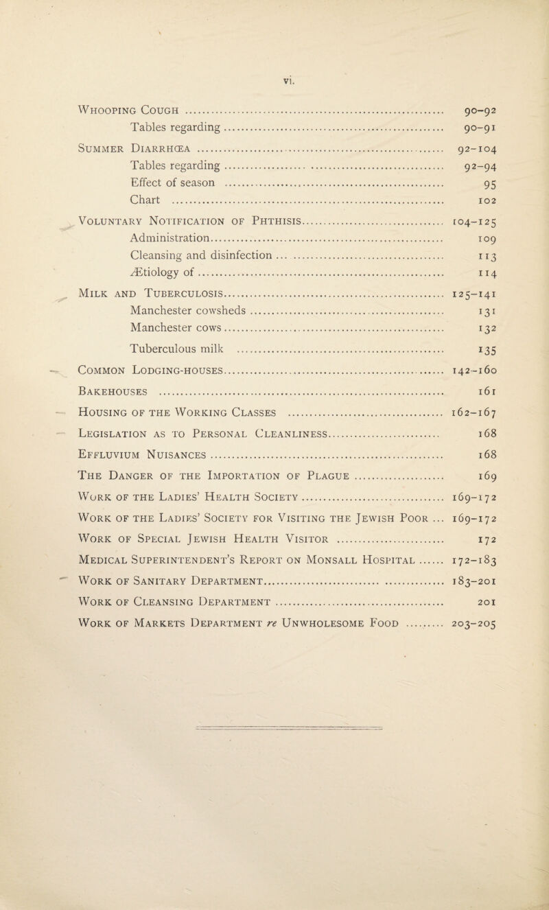 V!, Whooping Cough .......... 90-92 Tables regarding ...... 90-91 Summer Diarrhcea ........ 92-104 Tables regarding........... 92-94 Effect of season ........ 95 Chart .......... 102 Voluntary Notification of Phthisis....... 104-125 Administration.... 109 Cleansing and disinfection . ...... 113 ^Etiology of........... 114 Milk and Tuberculosis............... 125-141 Manchester cowsheds....... 131 Manchester cows... 132 Tuberculous milk ...... 135 Common Lodging-houses... 142-160 Bakehouses ..... 161 Housing of the Working Classes ... 162-167 Legislation as to Personal Cleanliness.... 168 Effluvium Nuisances. 168 The Danger of the Importation of Plague .... 169 Work of the Ladies’ Health Society... 169-172 Work of the Ladies’ Society for Visiting the Jewish Poor ... 169-172 Work of Special Jewish Health Visitor ... 172 Medical Superintendent’s Report on Monsall Hospital ...... 172-183 Work of Sanitary Department... 183-201 Work of Cleansing Department... 201 Work of Markets Department re Unwholesome Food .. 203-205