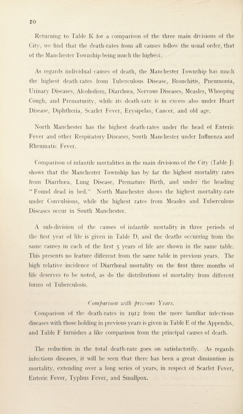 Returning to Table K for a comparison of the three main divisions of the City, we find that the death-rates from all causes follow the usual order, that of the Manchester Township being much the highest. As regards individual causes of death, the Manchester Township has much the highest death-rates from Tuberculous Disease, Bronchitis, Pneumonia, Urinary Diseases, Alcoholism, Diarrhoea, Nervous Diseases, Measles, Whooping Cough, and Prematurity, while its death-rate is in excess also under Heart Disease, Diphtheria, Scarlet Fever, Erysipelas, Cancer, and old age. North Manchester has the highest death-rates under the head of Enteric Fever and other Respiratory Diseases, South Manchester under Influenza and Rheumatic Fever. Comparison of infantile mortalities in the main divisions of the City (Table J) shows that the Manchester Township has by far the highest mortality rates from Diarrhoea, Lung Disease, Premature Birth, and under the heading  Found dead in bed.” North Manchester shows the highest mortality-rate under Convulsions, while the highest rates from Measles and Tuberculous Diseases occur in South Manchester. A sub-division of the causes of infantile mortality in three periods of the first year of life is given in Table I), and the deaths occurring from the same causes in each of the first 5 years of life are shown in the same table. This presents no feature different from the same table in previous years. The high relative incidence of Diarrhoeal mortality on the first three months of life deserves to be noted, as do the distributions of mortality from different forms of Tuberculosis. Comparison with previous Years. Comparison of the death-rates in 1912 from the more familiar infectious diseases with those holding in previous years is given in Table E of the Appendix, and Table F furnishes a like comparison from the principal causes of death. The reduction in the total death-rate goes on satisfactorily. As regards infectious diseases, it will be seen that there has been a great diminution in mortality, extending over a long series of years, in respect of Scarlet Fever, Enteric Fever, Typhus Fever, and Smallpox.