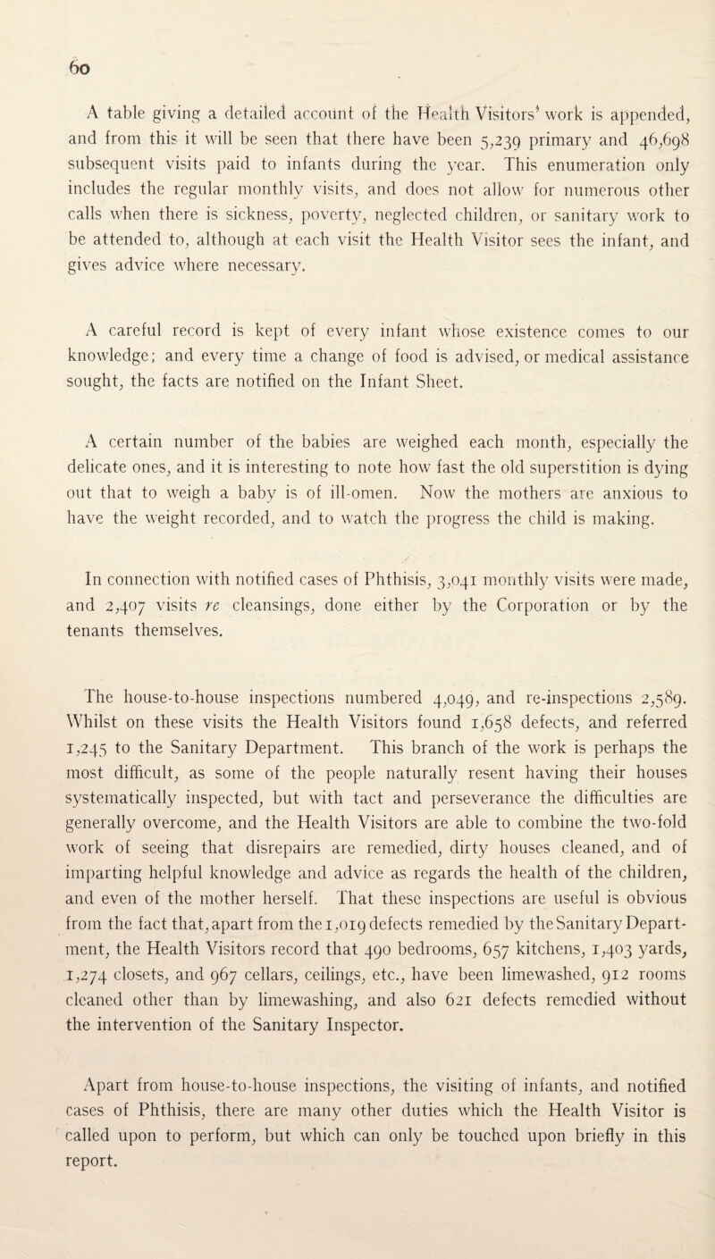 A table giving a detailed account of the Health Visitors5 work is appended, and from this it will be seen that there have been 5,239 primary and 46,698 subsequent visits paid to infants during the year. This enumeration only includes the regular monthly visits, and does not allow for numerous other calls when there is sickness, poverty, neglected children, or sanitary work to be attended to, although at each visit the Health Visitor sees the infant, and gives advice where necessary. A careful record is kept of every infant whose existence comes to our knowledge; and every time a change of food is advised, or medical assistance sought, the facts are notified on the Infant Sheet. A certain number of the babies are weighed each month, especially the delicate ones, and it is interesting to note how fast the old superstition is dying out that to weigh a baby is of ill-omen. Now the mothers are anxious to have the weight recorded, and to watch the progress the child is making. In connection with notified cases of Phthisis, 3,041 monthly visits were made, and 2,407 visits re cleansings, done either by the Corporation or by the tenants themselves. The house-to-house inspections numbered 4,049, and re-inspections 2,589. Whilst on these visits the Health Visitors found 1,658 defects, and referred 1,245 to the Sanitary Department. This branch of the work is perhaps the most difficult, as some of the people naturally resent having their houses systematically inspected, but with tact and perseverance the difficulties are generally overcome, and the Health Visitors are able to combine the two-fold work of seeing that disrepairs are remedied, dirty houses cleaned, and of imparting helpful knowledge and advice as regards the health of the children, and even of the mother herself. That these inspections are useful is obvious from the fact that, apart from the 1,019 defects remedied by the Sanitary Depart¬ ment, the Health Visitors record that 490 bedrooms, 657 kitchens, 1,403 yards, 1,274 closets, and 967 cellars, ceilings, etc., have been limewashed, 912 rooms cleaned other than by limewashing, and also 621 defects remedied without the intervention of the Sanitary Inspector. Apart from house-to-house inspections, the visiting of infants, and notified cases of Phthisis, there are many other duties which the Health Visitor is called upon to perform, but which can only be touched upon briefly in this report.