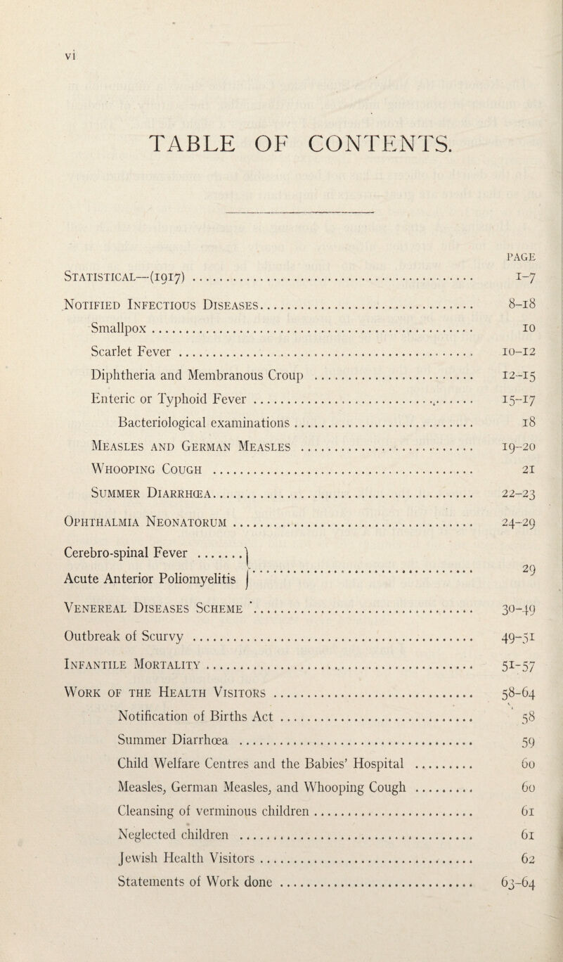 TABLE OF CONTENTS. PAGE Statistical—(1917). 1-7 Notified Infectious Diseases. 8-18 Smallpox. 10 Scarlet Fever. 10-12 Diphtheria and Membranous Croup ... 12-15 Enteric or Typhoid Fever..... 15-3:7 Bacteriological examinations. 18 Measles and German Measles ... 19-20 Whooping Cough . 21 Summer Diarrhcea. 22-23 Ophthalmia Neonatorum. 24-29 Cerebro-spinal Fever .1 t. 29 Acute Anterior Poliomyelitis Venereal Diseases Scheme ’. 30-49 Outbreak of Scurvy . 49-51 Infantile Mortality.,. 51-57 Work of the Health Visitors .. 58-64 «• i Notification of Births Act. 58 Summer Diarrhoea . 59 Child Welfare Centres and the Babies’ Hospital . 60 Measles, German Measles, and Whooping Cough . 60 Cleansing of verminous children. 61 Neglected children . 61 Jewish Health Visitors. 62 Statements of Work done . 63-64