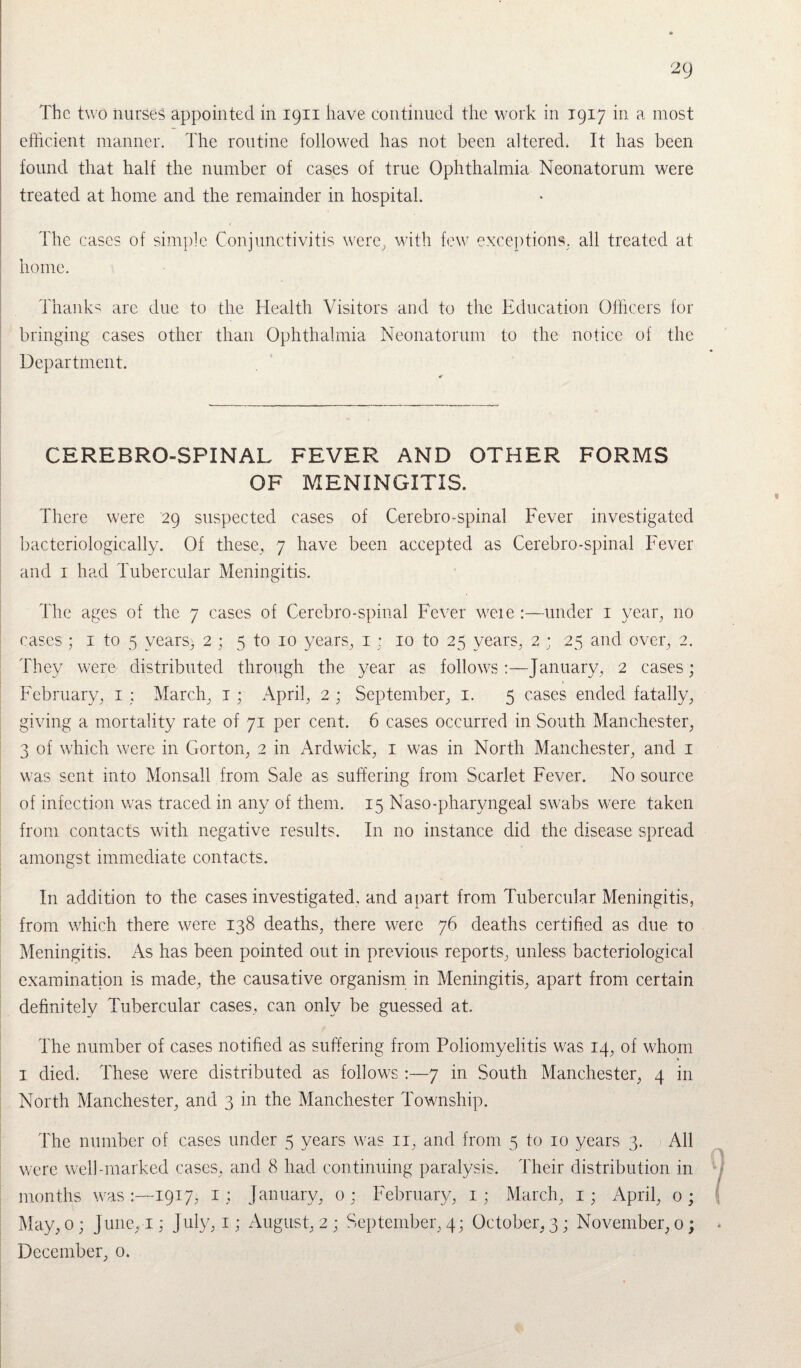 The two nurses appointed in 1911 have continued the work in 1917 in a most efficient manner. The routine followed has not been altered. It has been found that half the number of cases of true Ophthalmia Neonatorum were treated at home and the remainder in hospital. The cases of simple Conjunctivitis were, with few exceptions, all treated at home. Thanks arc due to the Health Visitors and to the Education Officers for bringing cases other than Ophthalmia Neonatorum to the notice of the Department. CEREBRO-SPINAL FEVER AND OTHER FORMS OF MENINGITIS. There were 29 suspected cases of Cerebro-spinal Fever investigated bacteriologically. Of these, 7 have been accepted as Cerebro-spinal Fever and 1 had Tubercular Meningitis. The ages of the 7 cases of Cerebro-spinal Fever weie :—under 1 year, no cases ; 1 to 5 years, 2 ; 5 to 10 years, 1; 10 to 25 years, 2 ; 25 and over, 2. They were distributed through the year as follows :—January, 2 cases; February, 1 ; March, 1; April, 2 ; September, 1. 5 cases ended fatally, giving a mortality rate of 71 per cent. 6 cases occurred in South Manchester, 3 of which were in Gorton, 2 in Ardwick, 1 was in North Manchester, and 1 was sent into Monsall from Sale as suffering from Scarlet Fever. No source of infection was traced in any of them. 15 Naso-pharyngeal swabs were taken from contacts with negative results. In no instance did the disease spread amongst immediate contacts. In addition to the cases investigated, and apart from Tubercular Meningitis, from which there were 138 deaths, there were 76 deaths certified as due to Meningitis. As has been pointed out in previous reports, unless bacteriological examination is made, the causative organism in Meningitis, apart from certain definitely Tubercular cases, can only be guessed at. The number of cases notified as suffering from Poliomyelitis was 14, of whom I died. These were distributed as follows :—7 in South Manchester, 4 in North Manchester, and 3 in the Manchester Township. The number of cases under 5 years was n, and from 5 to 10 years 3. All were well-marked cases, and 8 had continuing paralysis. Their distribution in months was :—1917, 1 : January, 0 ; February, 1; March, 1; April, 0 ; May, 0; June, 1,• July, 1; August, 2; September, 4 ; October, 3; November, 0; December, 0.
