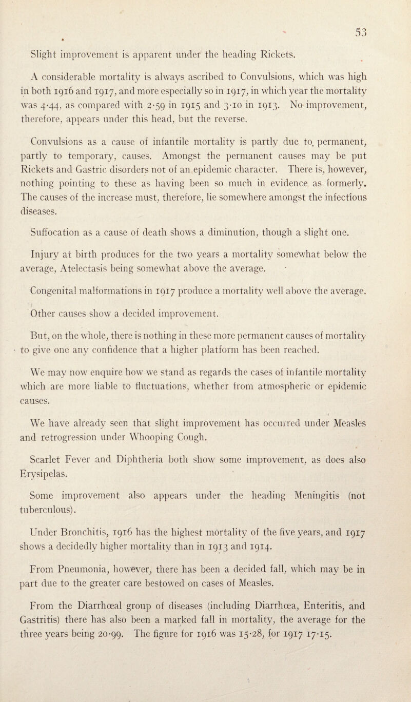 Slight improvement is apparent under the heading Riekets. A considerable mortality is always ascribed to Convulsions, which was high in both 1916 and 1917, and more especially so in 1917, in which year the mortality was 4*44, as compared with 2-59 in 1915 and 3-10 in 1913. No improvement, therefore, appears under this head, but the reverse. Convulsions as a cause of infantile mortality is partly due to. permanent, partly to temporary, causes. Amongst the permanent causes may be put Rickets and Gastric disorders not of an epidemic character. There is, however, nothing pointing to these as having been so much in evidence as formerly. The causes of the increase must, therefore, he somewhere amongst the infectious diseases. Suffocation as a cause of death shows a diminution, though a slight one. Injury at birth produces for the two years a mortality someXvhat below the average, Atelectasis being somewhat above the average. Congenital malformations in 1917 produce a mortality well above the average, *■ 1 Other causes show a decided improvement. But, on the whole, there is nothing in these more permanent causes of mortality • to give one any confidence that a higher platform has been reached. We may now enquire how we stand as regards the cases of infantile mortality which are more liable to fluctuations, whether from atmospheric or epidemic causes. We have already seen that slight improvement has occurred under Measles and retrogression under Whooping Cough. Scarlet Fever and Diphtheria both show some improvement, as does also Erysipelas. Some improvement also appears under the heading Meningitis (not tuberculous). Under Bronchitis, 1916 has the highest mortality of the five years, and 1917 shows a decidedly higher mortality than in 1913 and 1914. From Pneumonia, however, there has been a decided fall, which may be in part due to the greater care bestowed on cases of Measles. From the Diarrhoeal group of diseases (including Diarrhoea, Enteritis, and Gastritis) there has also been a marked fall in mortality, the average for the