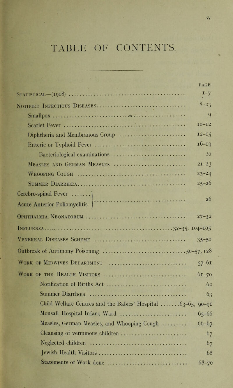 TABLE OF CONTENTS. PAGE Statistical— (1918) . _I_7 Notified Infectious Diseases.••• 8-23 Smallpox. 9 Scarlet Fever . 10-12 Diphtheria and Membranous Croup . *2-15 Enteric or Typhoid Fever. 16-19 Bacteriological examinations. 20 Measles and German Measles . 21-23 Whooping Cough . 23-24 Summer Diarrhoea. 25-26 Cerebro-spinal Fever .1 Ophthalmia Neonatorum. 27-32 Influenza.32-35, 104-105 Venereal Diseases Scheme . 35-50 Outbreak of Antimony Poisoning .5°-57, T28 Work of Midwives Department . 57-61 Work of the Health Visitors . 61-70 Notification of Births Act.■. 62 Summer Diarrhoea . 63 Child Welfare Centres and the Babies’ Hospital.63-65, 90-91 Monsall Hospital Infant Ward . 65-66 Measles, German Measles, and Whooping Cough . 66-67 Cleansing of verminous children. 67 Neglected children . 67 Jewish Health Visitors. 68 Statements of Work done . 68-70