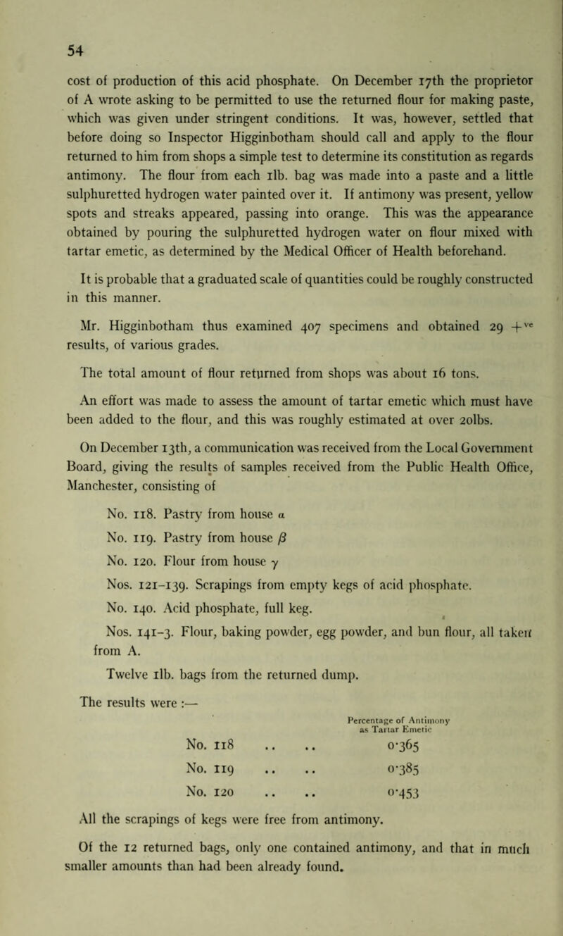 cost of production of this acid phosphate. On December 17th the proprietor of A wrote asking to be permitted to use the returned flour for making paste, which was given under stringent conditions. It was, however, settled that before doing so Inspector Higginbotham should call and apply to the flour returned to him from shops a simple test to determine its constitution as regards antimony. The flour from each ilb. bag was made into a paste and a little sulphuretted hydrogen water painted over it. If antimony was present, yellow spots and streaks appeared, passing into orange. This was the appearance obtained by pouring the sulphuretted hydrogen water on flour mixed with tartar emetic, as determined by the Medical Officer of Health beforehand. It is probable that a graduated scale of quantities could be roughly constructed in this manner. Mr. Higginbotham thus examined 407 specimens and obtained 29 -fve results, of various grades. The total amount of flour returned from shops was about 16 tons. An effort was made to assess the amount of tartar emetic which must have been added to the flour, and this was roughly estimated at over 2olbs. On December 13th, a communication was received from the Local Government Board, giving the results of samples received from the Public Health Office, Manchester, consisting of No. 118. Pastry from house a No. 119. Pastry from house /3 No. 120. Flour from house y Nos. 121-139. Scrapings from empty kegs of acid phosphate. No. 140. Acid phosphate, full keg. Nos. 141-3. Flour, baking powder, egg powder, and bun flour, all taken from A. Twelve ilb. bags from the returned dump. The results were :— Percentage of Antimony as Tartar Emetic No. 118 .. .. 0-365 No. 119 .. .. 0-385 No. 120 .. .. 0-453 All the scrapings of kegs were free from antimony. Of the 12 returned bags, only one contained antimony, and that in much smaller amounts than had been already found.