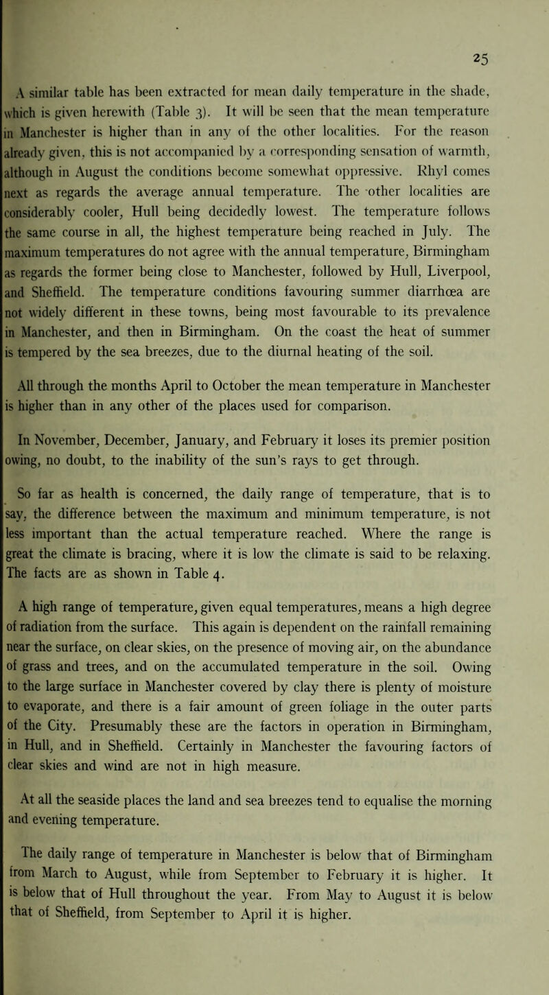A similar table has been extracted for mean daily temperature in the shade, which is given herewith (Table 3). It will be seen that the mean temperature in Manchester is higher than in any of the other localities. For the reason already given, this is not accompanied by a corresponding sensation of warmth, although in August the conditions become somewhat oppressive. Rhyl comes next as regards the average annual temperature. The other localities are considerably cooler, Hull being decidedly lowest. The temperature follows the same course in all, the highest temperature being reached in July. The maximum temperatures do not agree with the annual temperature, Birmingham as regards the former being close to Manchester, followed by Hull, Liverpool, and Sheffield. The temperature conditions favouring summer diarrhoea are not widely different in these towns, being most favourable to its prevalence in Manchester, and then in Birmingham. On the coast the heat of summer is tempered by the sea breezes, due to the diurnal heating of the soil. All through the months April to October the mean temperature in Manchester is higher than in any other of the places used for comparison. In November, December, January, and February' it loses its premier position owing, no doubt, to the inability of the sun’s rays to get through. So far as health is concerned, the daily range of temperature, that is to say, the difference between the maximum and minimum temperature, is not less important than the actual temperature reached. Where the range is great the climate is bracing, where it is low the climate is said to be relaxing. The facts are as showrn in Table 4. A high range of temperature, given equal temperatures, means a high degree of radiation from the surface. This again is dependent on the rainfall remaining near the surface, on clear skies, on the presence of moving air, on the abundance of grass and trees, and on the accumulated temperature in the soil. Owing to the large surface in Manchester covered by clay there is plenty of moisture to evaporate, and there is a fair amount of green foliage in the outer parts of the City. Presumably these are the factors in operation in Birmingham, in Hull, and in Sheffield. Certainly in Manchester the favouring factors of clear skies and wind are not in high measure. At all the seaside places the land and sea breezes tend to equalise the morning and evening temperature. The daily range of temperature in Manchester is below that of Birmingham from March to August, while from September to February it is higher. It is below that of Hull throughout the year. From May to August it is below that of Sheffield, from September to April it is higher.