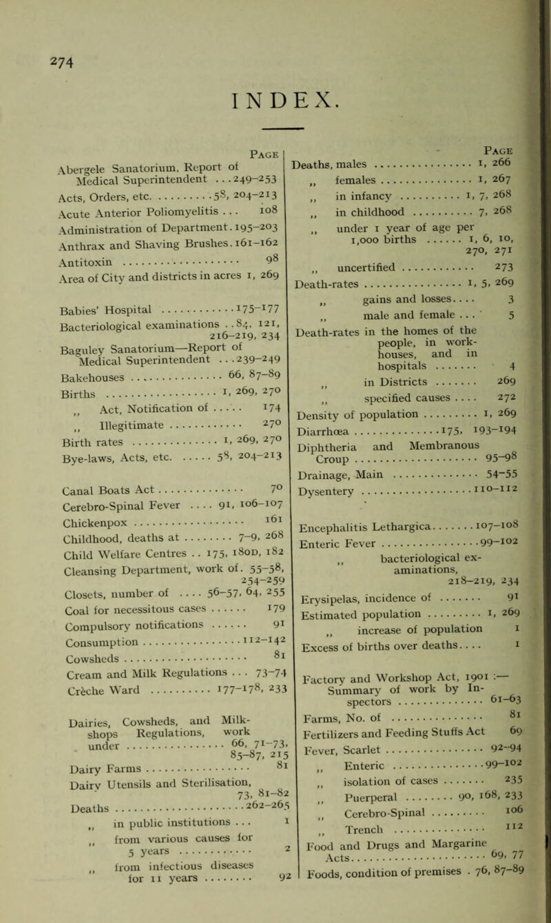 INDEX. Page Abergele Sanatorium, Report of Medical Superintendent .. .249-253 Acts, Orders, etc.58. 204-213 Acute Anterior Poliomyelitis ... 108 Administration of Department. 195-203 Anthrax and Shaving Brushes. 161—162 Antitoxin . 98 Area of City and districts in acres 1, 269 Babies’ Hospital .175_I77 Bacteriological examinations ..84, 121, 216-219, 234 Baguley Sanatorium—Report of Medical Superintendent ...239-249 Bakehouses . 66, 87-89 Births .I- 269. 270 Act, Notification of ..... 174 ,, Illegitimate. 27° Birth rates .l> 269. 27° Bye-laws, Acts, etc.58, 204-213 Canal Boats Act. 7° Cerebro-Spinal Fever -91. 106-107 Chickenpox. 161 Childhood, deaths at.7~9. 268 Child Welfare Centres .. 175, i8od, 182 Cleansing Department, work of. 55-58, 254-259 Closets, number of .... 56-57* 64, 255 Coal for necessitous cases. J79 Compulsory notifications . 91 Consumption.112-142 Cowsheds. 81 Cream and Milk Regulations ... 73~74 Creche Ward .I77-178* 233 Dairies, Cowsheds, and shops Regulations, under . Dairy Farms. Milk- work . 66, 71-73. 85-87. 215 .... 81 Dairv Utensils Deaths . and Sterilisation, 73, 81-82 .262-265 in public institutions . .. from various causes for 5 yoars . from infectious diseases for ix years. Page Deaths, males .1, 266 „ females.1. 267 „ in infancy .1, 7, 268 ,, in childhood .7> 268 ,, under 1 year of age per 1,000 births . 1, 6, 10, 270, 271 ,, uncertified. 273 Death-rates.i» 5> 269 „ gains and losses.... 3 ,, male and female ... 5 Death-rates in the homes of the people, in work- houses, and in hospitals . 4 fl in Districts . 269 „ specified causes- 272 Density of population.1, 269 Diarrhoea.175. I93-I94 Diphtheria and Membranous Croup. 95-98 Drainage, Main . 54~55 Dysentery .110-112 Encephalitis Lethargica.107-108 Enteric Fever.99-102 ,, bacteriological ex¬ aminations, 218-219, 234 Erysipelas, incidence of . 91 Estimated population.1, 269 „ increase of population Excess of births over deaths.... Factory and Workshop Act, 1901 :— Summary of work by In- spec tors. 61-63 Farms, No. of . Fertilizers and Feeding Stuffs Act Fever, Scarlet. 92-94 Enteric .99-102 isolation of cases. 235 Puerperal .9°. 168, 233 Cerebro-Spinal. 106 Trench . 112 Food and Drugs and Margarine Acts.69- 77 Foods, condition of premises . 76, 87-89 92