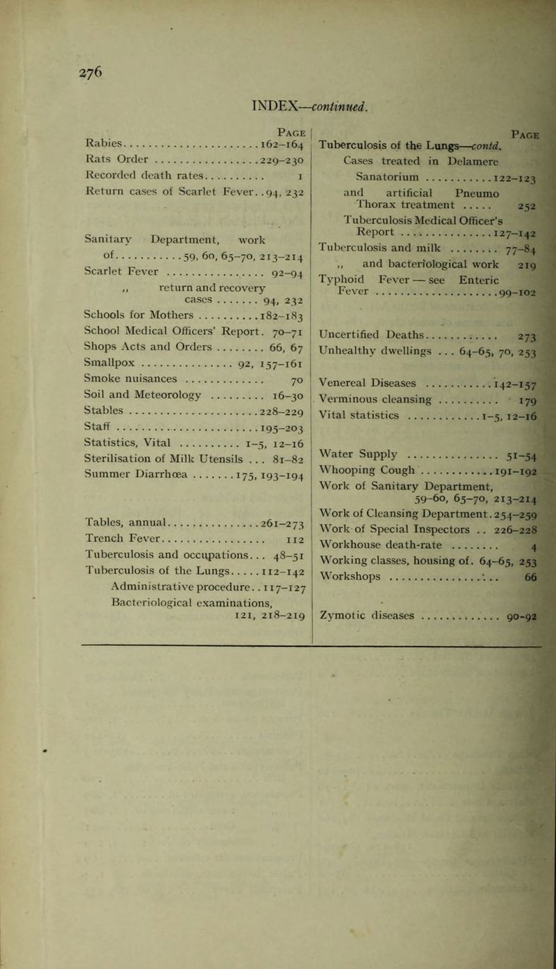 INDEX—cnntin ued. Page [ Rabies.162-164 Rats Order.229-230 Recorded death rates. 1 Return cases of Scarlet Fever. .94, 232 Sanitary Department, work of.59, 60, 65-70, 213-214 Scarlet Fever . 92-94 ,, return and recovery cases.94, 232 Schools for Mothers.182-1 S3 School Medical Officers’ Report. 70-71 Shops Acts and Orders.66, 67 Smallpox.92, 157-161 Smoke nuisances . 70 Soil and Meteorology . 16-30 Stables.228-229 Staff.195—203 Statistics, Vital .1-5, 12-16 Sterilisation of Milk Utensils .. . 81-82 Summer Diarrhoea.175, 193-194 j Tables, annual.261-273 | Trench Fever. 112 Tuberculosis and occupations... 48-51 : Tuberculosis of the Lungs.112-142 Administrative procedure.. 117-127 Bacteriological examinations, 121, 218-219 Page Tuberculosis of the Lungs—could. Cases treated in Delamere Sanatorium.122-123 and artificial Pneumo Thorax treatment . 252 Tuberculosis Medical Officer’s Report.127-142 Tuberculosis and milk . 77-84 ,, and bacteriological work 219 Typhoid Fever — see Enteric Fever.99-102 Uncertified Deaths. 273 Unhealthy dwellings .. . 64-65, 70, 253 Venereal Diseases .142-157 Verminous cleansing. 179 Vital statistics .1—5, 12-16 Water Supply . 51-54 Whooping Cough.191-192 Work of Sanitary Department, 59-60, 65-70, 213-214 Work of Cleansing Department.254-259 Work of Special Inspectors .. 226-228 Workhouse death-rate . 4 Working classes, housing of. 64-65, 253 Workshops .;.. 66 Zymotic diseases 90-92