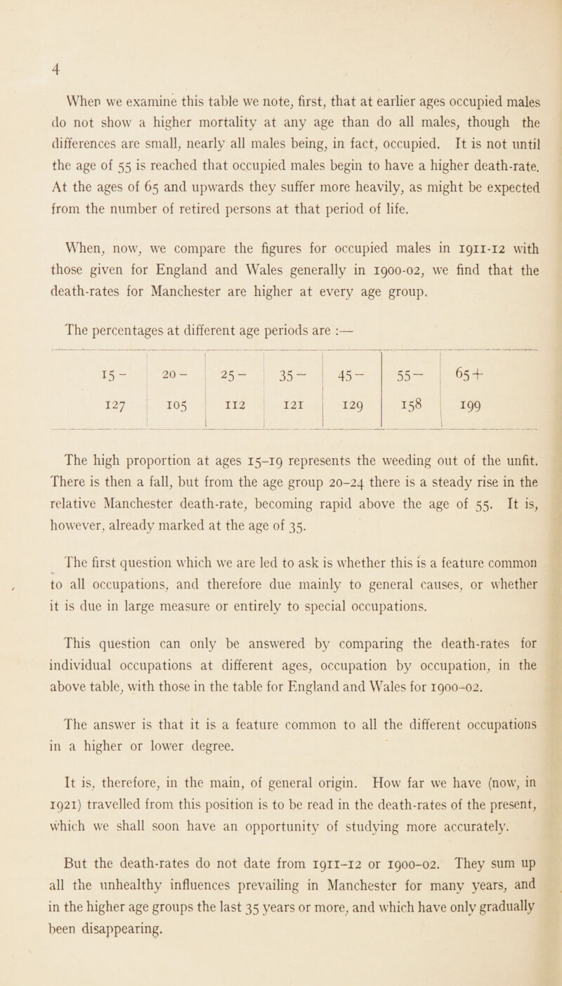 When we examine this table we note, first, that at earlier ages occupied males do not show a higher mortality at any age than do all males, though the differences are small, nearly all males being, in fact, occupied. It is not until the age of 55 is reached that occupied males begin to have a higher death-rate. At the ages of 65 and upwards they suffer more heavily, as might be expected from the number of retired persons at that period of life. When, now, we compare the figures for occupied males in 1911-12 with those given for England and Wales generally in 1900-02, we find that the death-rates for Manchester are higher at every age group. The percentages at different age periods are :— 15- 20 - 25- 35 - 45- 55- 65+ 127 105 112 121 129 158 199 . The high proportion at ages 15-19 represents the weeding out of the unfit. There is then a fall, but from the age group 20-24 there is a steady rise in the relative Manchester death-rate, becoming rapid above the age of 55. It is, however, already marked at the age of 35. The first question which we are led to ask is whether this is a feature common to all occupations, and therefore due mainly to general causes, or whether it is due in large measure or entirely to special occupations. This question can only be answered by comparing the death-rates for individual occupations at different ages, occupation by occupation, in the above table, with those in the table for England and Wales for 1900-02. The answer is that it is a feature common to all the different occupations in a higher or lower degree. It is, therefore, in the main, of general origin. How far we have (now, in 1921) travelled from this position is to be read in the death-rates of the present, which we shall soon have an opportunity of studying more accurately. But the death-rates do not date from 1911-12 or 1900-02. They sum up all the unhealthy influences prevailing in Manchester for many years, and in the higher age groups the last 35 years or more, and which have only gradually been disappearing.