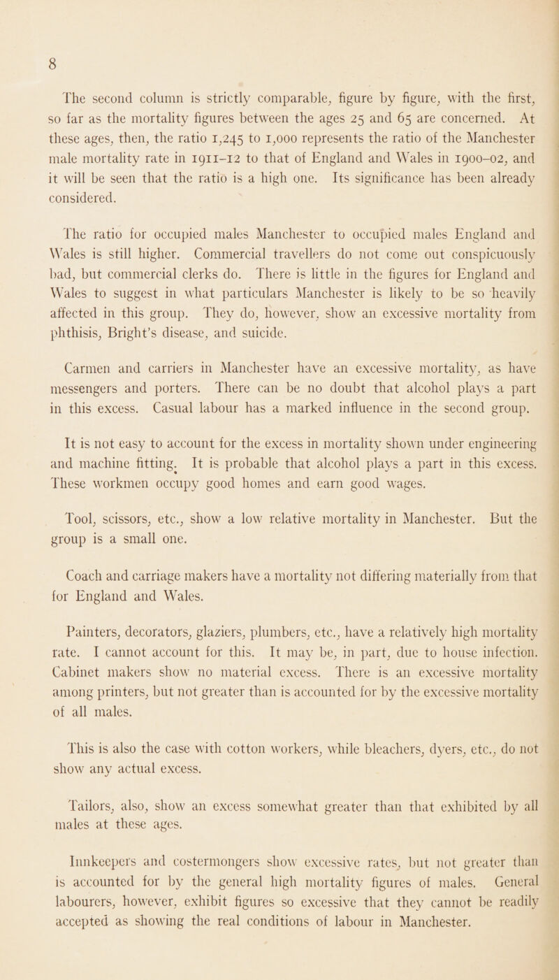 The second column is strictly comparable, figure by figure, with the first, so far as the mortality figures between the ages 25 and 65 are concerned. At these ages, then, the ratio 1,245 to 1,000 represents the ratio of the Manchester male mortality rate in 1911-12 to that of England and Wales in 1900-02, and it will be seen that the ratio is a high one. Its significance has been already considered. The ratio for occupied males Manchester to occupied males England and Wales is still higher. Commercial travellers do not come out conspicuously bad, but commercial clerks do. There is little in the figures for England and Wales to suggest in what particulars Manchester is likely to be so heavily affected in this group. They do, however, show an excessive mortality from phthisis, Bright’s disease, and suicide. Carmen and carriers in Manchester have an excessive mortality, as have messengers and porters. There can be no doubt that alcohol plays a part in this excess. Casual labour has a marked influence in the second group. It is not easy to account for the excess in mortality shown under engineering and machine fitting. It is probable that alcohol plays a part in this excess. These workmen occupy good homes and earn good wages. Tool, scissors, etc., show a low relative mortality in Manchester. But the group is a small one. Coach and carriage makers have a mortality not differing materially from that for England and Wales. Painters, decorators, glaziers, plumbers, etc., have a relatively high mortality rate. I cannot account for this. It may be, in part, due to house infection. Cabinet makers show no material excess. There is an excessive mortality among printers, but not greater than is accounted for by the excessive mortality of all males. This is also the case with cotton workers, while bleachers, dyers, etc., do not show any actual excess. Tailors, also, show an excess somewhat greater than that exhibited by all males at these ages. Innkeepers and costermongers show excessive rates, but not greater than is accounted for by the general high mortality figures of males. General labourers, however, exhibit figures so excessive that they cannot be readily accepted as showing the real conditions of labour in Manchester.
