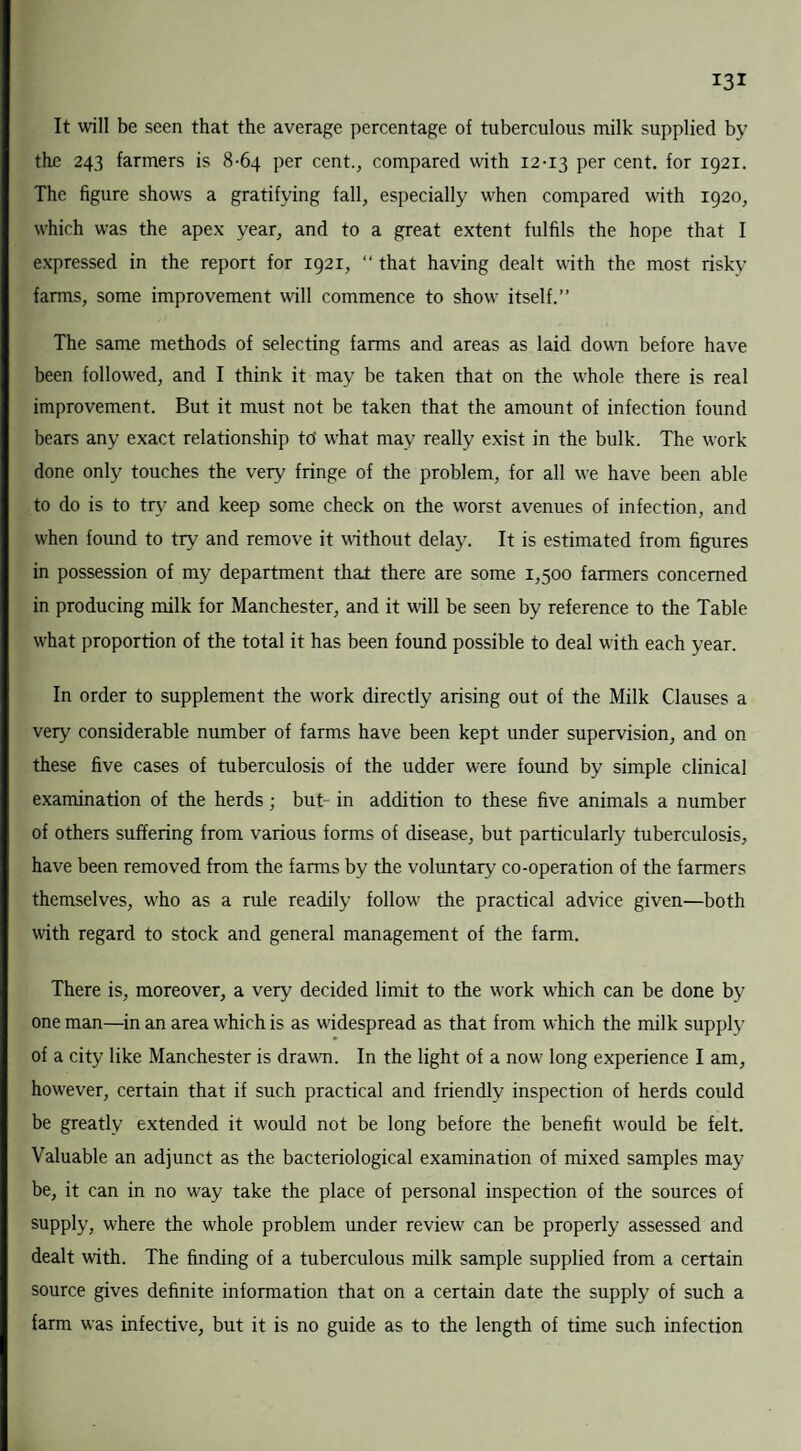 It will be seen that the average percentage of tuberculous milk supplied by the 243 farmers is 8-64 per cent., compared with 12-13 Per cent. for 1921. The figure shows a gratifying fall, especially wdien compared with 1920, which was the apex year, and to a great extent fulfils the hope that I expressed in the report for 1921, “ that having dealt with the most risky farms, some improvement will commence to show itself.” The same methods of selecting farms and areas as laid dowm before have been followed, and I think it may be taken that on the whole there is real improvement. But it must not be taken that the amount of infection found bears any exact relationship to' what may really exist in the bulk. The work done only touches the very fringe of the problem, for all we have been able to do is to try and keep some check on the worst avenues of infection, and when found to try and remove it without delay. It is estimated from figures in possession of my department that there are some 1,500 farmers concerned in producing milk for Manchester, and it will be seen by reference to the Table what proportion of the total it has been found possible to deal with each year. In order to supplement the work directly arising out of the Milk Clauses a very considerable number of farms have been kept under supervision, and on these five cases of tuberculosis of the udder were found by simple clinical examination of the herds; but- in addition to these five animals a number of others suffering from various forms of disease, but particularly tuberculosis, have been removed from the farms by the voluntary co-operation of the farmers themselves, wrho as a rule readily follow’ the practical advice given—both with regard to stock and general management of the farm. There is, moreover, a very decided limit to the wrork wrhich can be done by one man—in an area which is as widespread as that from which the milk supply of a city like Manchester is drawm. In the light of a now long experience I am, how-ever, certain that if such practical and friendly inspection of herds could be greatly extended it would not be long before the benefit would be felt. Valuable an adjunct as the bacteriological examination of mixed samples may be, it can in no way take the place of personal inspection of the sources of supply, where the whole problem under review can be properly assessed and dealt with. The finding of a tuberculous milk sample supplied from a certain source gives definite information that on a certain date the supply of such a farm was infective, but it is no guide as to the length of time such infection