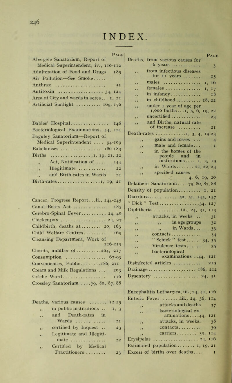 INDEX. Page I Abergele Sanatorium, Report of Medical Superintendent, iv., 110-112 , Adulteration of Food and Drugs 185 Air Pollution—See Smoke. Anthrax . 51 Antitoxin .34, 124 Area of City and wards in acres .. 1,21 Artificial Sunlight .169, 170 Babies’ Hospital. 146 Bacteriological Examinations.. 44, 121 Baguley Sanatorium—Report of Medical Superintendent .... 94-109 Bakehouses. 180-183 Births .1, 19, 21, 22 ,, Act, Notification of .... 144 ,, Illegitimate . 22 ,, and Birth-rates in Wards 21 Birth-rates.1, 19, 21 Cancer, Progress Report...ii., 244-245 Canal Boats Act. 185 Cerebro-Spinal Fever.24, 40 Chickenpox.24, 27 Childbirth, deaths at. 20, 163 Child Welfare Centres. 169 Cleansing Department, Work of 216-219 Closets, number of.204, 217 Consumption . 67-93 Conveniences, Public.186, 211 Cream and Milk Regulations ... 203 Creche Ward. 116 Crossley Sanatorium .. . .79, 80, 87, 88 Deaths, various causes . 1215 ,, in public institutions .. 1, 3 ,, and Death-rates in Wards . 21 ,, certified by Inquest .. 23 ,, Legitimate and Illegiti¬ mate . 22 ,, Certified by Medical Practitioners. 23 Page Deaths, from various causes for 6 years . 3 from infectious diseases for 11 years . 25 ,, males . ,, females. . 1. 17 »1 in infancy. . iS t» in childhood .. . 11 under 1 year of age per 1,000 births... .1, 5, 6, 19, 22 11 uncertified. . 23 >» and Births, natural rate of increase .. Death-rates. .1, 3, 4, 19-23 ,, gains and losses ... 4 ,, male and female... 1 ,, in the homes of the people and in institutions.... 1, 3, 19 ,, in Wards.21, 22, 23 ,, specified causes 4. 6, 19, 20 Delamere Sanatorium .... 79, So, 87, 88 Density of population. 1, 21 Diarrhoea. 50, 51, 145, 157 “Dick” Test.34, 127 Diphtheria.iii., 24, 31, 113 ,, attacks, in weeks .. 31 ,, ,, in age groups 32 ,, ,, inWards... 33 ,, contacts. 34 ,,  Schick ” test.34, 35 ,, Virulence tests. 35 ,, bacteriological examinations ..44, 121 Disinfected articles. 219 Drainage..186, 212 Dysentery. 24, 51 Encephalitis Lethargica, iii., 24, 41, 116 Enteric Fever .iii., 24, 36, 114 ,, attacks and deaths 37 ,, bacteriological ex¬ aminations ... .44, 121 ,, attacks, in weeks. 38 ,, contacts. 39 ,, carriers. 39, 114 Erysipelas.24, 116 Estimated population.1, 19, 21 Excess of births over deaths.... x