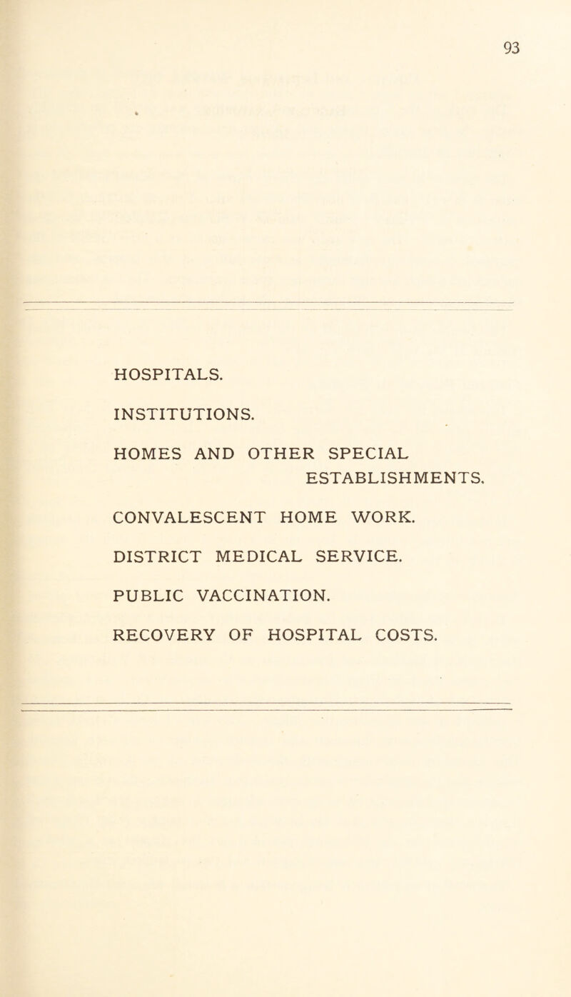 HOSPITALS. INSTITUTIONS. HOMES AND OTHER SPECIAL ESTABLISHMENTS. CONVALESCENT HOME WORK. DISTRICT MEDICAL SERVICE. PUBLIC VACCINATION. RECOVERY OF HOSPITAL COSTS.