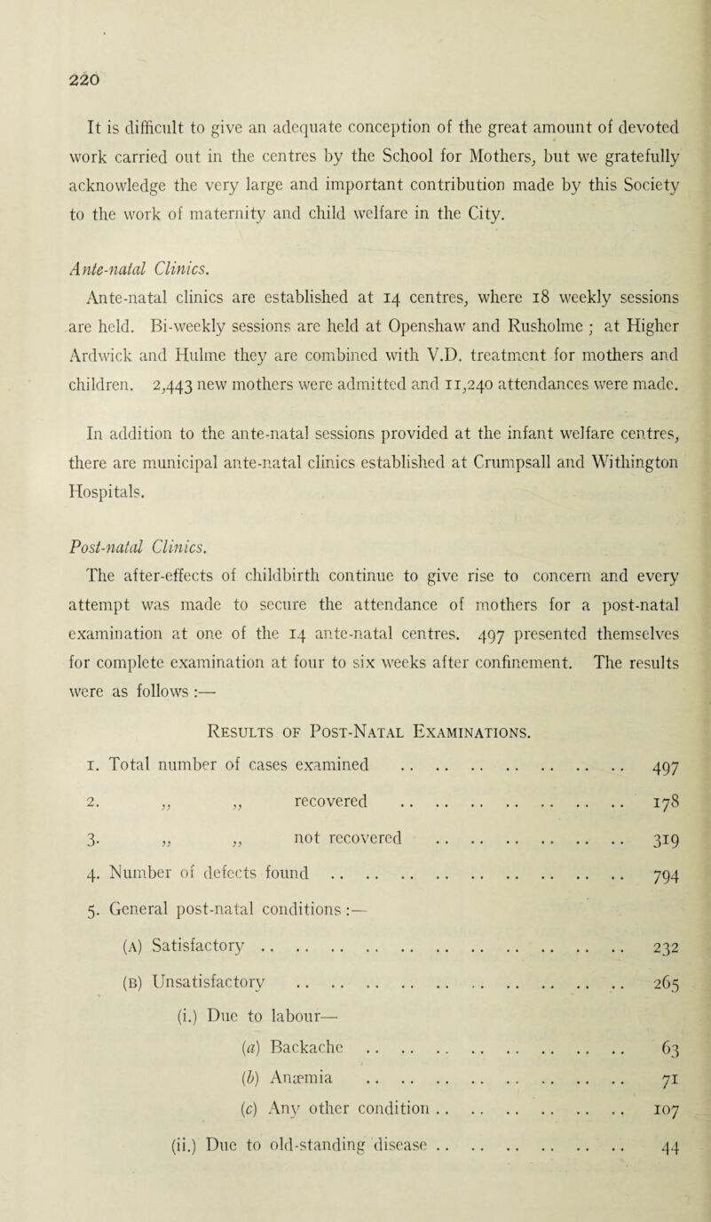 It is difficult, to give an adequate conception of the great amount of devoted work carried out in the centres by the School for Mothers, but we gratefully acknowledge the very large and important contribution made by this Society to the work of maternity and child welfare in the City. Ante-natal Clinics. Ante-natal clinics are established at 14 centres, where 18 weekly sessions are held. Bi-weekly sessions are held at Openshaw and Rusholme ; at Higher Ardwick and Hulme they are combined with V.D. treatment for mothers and children. 2,443 new mothers were admitted and 11,240 attendances were made. In addition to the ante-natal sessions provided at the infant welfare centres, there are municipal ante-natal clinics established at Crumpsall and Withington Hospitals. Post-natal Clinics. The after-effects of childbirth continue to give rise to concern and every attempt was made to secure the attendance of mothers for a post-natal examination at one of the 14 ante-natal centres. 497 presented themselves for complete examination at four to six weeks after confinement. The results were as follows :—- Results of Post-Natal Examinations. 1. Total number of cases examined . 497 2. „ „ recovered . 178 3. „ „ not recovered . 319 4. Number of defects found . 794 5. General post-natal conditions (a) Satisfactory. 232 (b) Unsatisfactory . 265 (i.) Due to labour— (a) Backache . 63 (b) Anaemia . 71 (c) Any other condition. 107 (ii.) Due to old-standing disease. 44