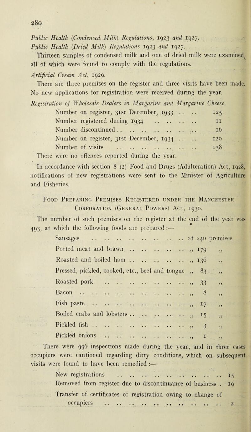 2&Q Public Health (Condensed. Milk) Regulations, 1923 and 1927. Public Health (Dried Milk) Regulations 1923 and 1927. . Thirteen samples of condensed milk and one of dried milk were examined, all of which were found to comply with the regulations. Artificial Cream Act, 1929. There are three premises on the register and three visits have been made. No new applications for registration were received during the year. Registration of Wholesale Dealers in Margarine and Margarine Cheese. Number on register, 31st December, 1933 .. .. 125 Number registered during 1934 n Number discontinued. .. 16 Number on register, 31st December, 1934 .. .. 120 Number of visits . 138 There were no offences reported during the year. In accordance with section 8 (2) Food and Drugs (Adulteration) Act, 1928, notifications of new registrations were sent to the Minister of Agriculture and Fisheries. Food Preparing Premises Registered under the Manchester Corporation (General Powers) Act, 1930. The number of such premises on the register at the end of the year was 493, at which the following foods are prepared :— Sausages . Potted meat and brawn.,,179 Roasted and boiled ham. Pressed, pickled, cooked, etc., beef and tongue Roasted pork . Bacon . Fish paste . :. Boiled crabs and lobsters. Pickled fish. Pickled onions . There were 996 inspections made during the year, and in three cases occupiers were cautioned regarding dirty conditions, which on subsequent visits were found to have been remedied New registrations .15 Removed from register due to discontinuance of business . 19 Transfer of certificates of registration owing to change of occupiers .. .. ,. ., ., ,, ,. t. 2 at 240 premise >> I79 a }} I36 )> )) 83 >> 33 )} yj 00 )) >i J7 }) }j 15 )} }} 3 )) )> 1 j}