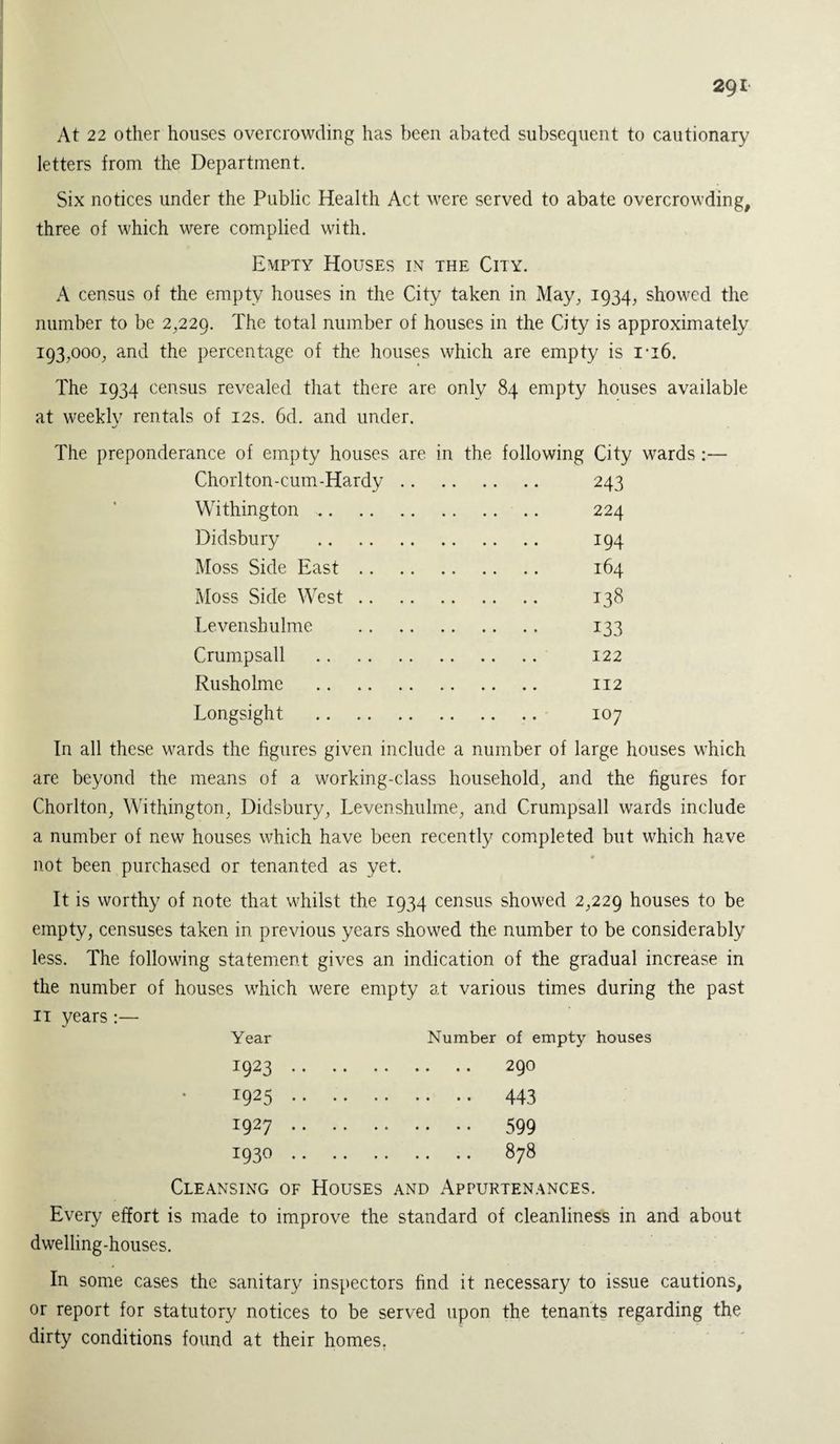 At 22 other houses overcrowding has been abated subsequent to cautionary letters from the Department. Six notices under the Public Health Act were served to abate overcrowding, three of which were complied with. Empty Houses in the City. A census of the empty houses in the City taken in May, 1934, showed the number to be 2,229. The total number of houses in the City is approximately 193,000, and the percentage of the houses which are empty is 116. The 1934 census revealed that there are only 84 empty houses available at weeklv rentals of 12s. 6d. and under. The preponderance of empty houses are in the following City wards :— Chorlton-cum-Hardy. 243 Withington .. 224 Didsbury . 194 Moss Side East. 164 Moss Side West. 138 Levenshulme . 133 Crumpsall . 122 Rusholme . 112 Longsight . 107 In all these wards the figures given include a number of large houses which are beyond the means of a working-class household, and the figures for Chorlton, Withington, Didsbury, Levenshulme, and Crumpsall wards include a number of new houses which have been recently completed but which have not been purchased or tenanted as yet. It is worthy of note that whilst the 1934 census showed 2,229 houses to be empty, censuses taken in previous years showed the number to be considerably less. The following statement gives an indication of the gradual increase in the number of houses which were empty at various times during the past 11 years:— Year Number of empty houses I923 . T925 . •• •• 443 T927 . • • • • 599 1930. 878 Cleansing of Houses and Appurtenances. Every effort is made to improve the standard of cleanliness in and about dwelling-houses. In some cases the sanitary inspectors find it necessary to issue cautions, or report for statutory notices to be served upon the tenants regarding the dirty conditions found at their homes.