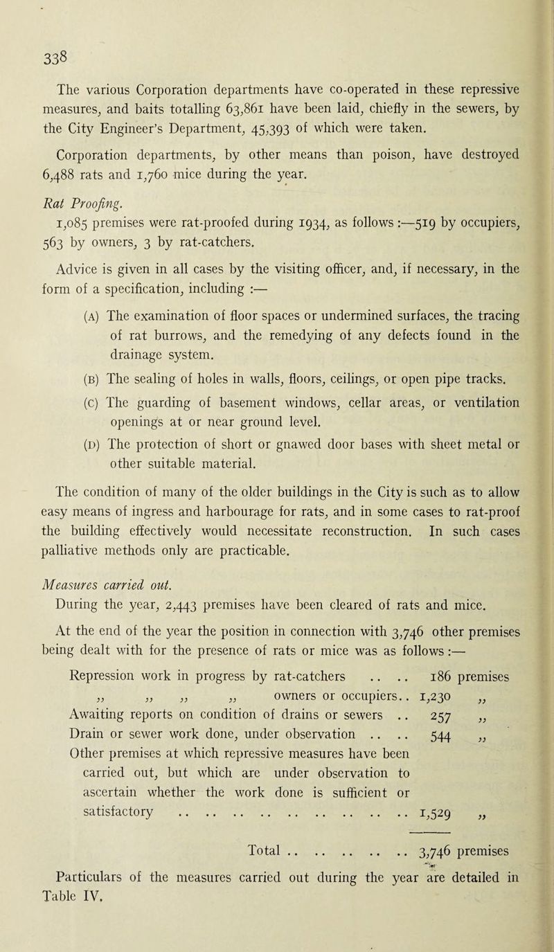 The various Corporation departments have co-operated in these repressive measures, and baits totalling 63,861 have been laid, chiefly in the sewers, by the City Engineer’s Department, 45,393 of which were taken. Corporation departments, by other means than poison, have destroyed 6,488 rats and 1,760 mice during the year. Rat Proofing. 1,085 premises were rat-proofed during 1934, as follows:—519 by occupiers, 563 by owners, 3 by rat-catchers. Advice is given in all cases by the visiting officer, and, if necessary, in the form of a specification, including :— (a) The examination of floor spaces or undermined surfaces, the tracing of rat burrows, and the remedying of any defects found in the drainage system. (b) The sealing of holes in walls, floors, ceilings, or open pipe tracks. (c) The guarding of basement windows, cellar areas, or ventilation openings at or near ground level. (d) The protection of short or gnawed door bases with sheet metal or other suitable material. The condition of many of the older buildings in the City is such as to allow easy means of ingress and harbourage for rats, and in some cases to rat-proof the building effectively would necessitate reconstruction. In such cases palliative methods only are practicable. Measures carried out. During the year, 2,443 premises have been cleared of rats and mice. At the end of the year the position in connection with 3,746 other premises being dealt with for the presence of rats or mice was as follows:— Repression work in progress by rat-catchers „ „ „ „ owners or occupiers.. Awaiting reports on condition of drains or sewers .. Drain or sewer work done, under observation Other premises at which repressive measures have been carried out, but which are under observation to ascertain whether the work done is sufficient or satisfactory . 186 premises 1,230 257 544 D529 Total. 3,746 premises Particulars of the measures carried out during the year are detailed in Table IV.