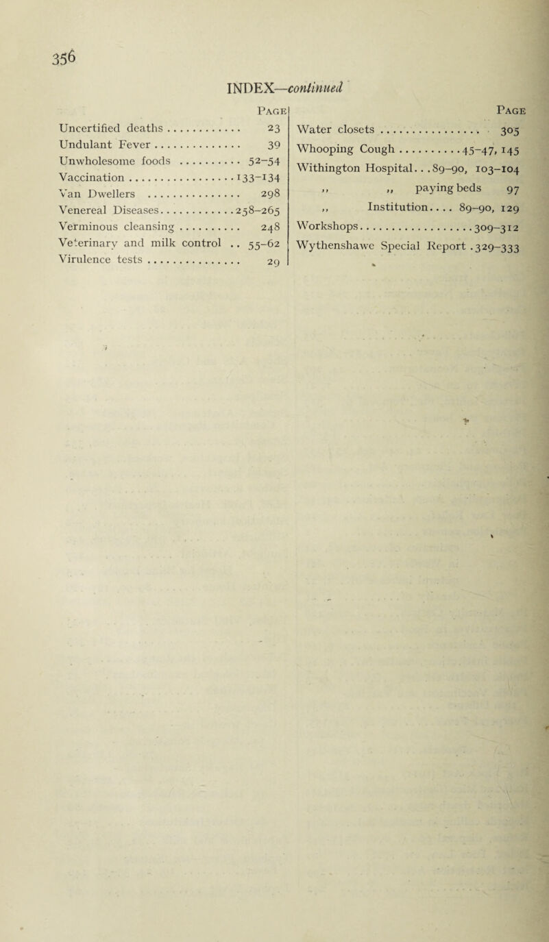 INDEX—continued PacxE Uncertified deaths. 23 Undulant Fever. 39 Unwholesome foods . 52-54 Vaccination.I33-I34 Van Dwellers . 298 Venereal Diseases.258-265 Verminous cleansing. 248 Veterinary and milk control .. 55-62 Virulence tests. 20 Page Water closets. 305 Whooping Cough.45-47, J45 Withington Hospital. . .89-90, 103-104 ,, „ paying beds 97 ,, Institution.... 89-90, 129 Workshops.309-312 Wythenshawe Special Report .329-333