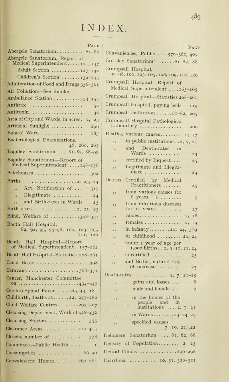 INDEX. Page Abergele Sanatorium. 81-82 Abergele Sanatorium, Report of Medical Superintendent.121-147 Adult Section.127-132 Children’s Section.132-143 Adulteration of Food and Drugs 356-361 Air Pollution—See Smoke. Ambulance Station.353-355 Anthrax . 32 Antitoxin . ^2 Area of City and Wards, in acres. 2, 23 Artificial Sunlight. 296 Babies’ Ward . 183 Bacteriological Examinations, 46, 260, 267 Baguley Sanatorium ....81-82, 88-90 Baguley Sanatorium—Report of Medical Superintendent.148-156 Bakehouses. 362 Births .2, 23, 24 ,, Act, Notification of. . . . 317 ,, Illegitimate. 24 ,, and Birth-rates in Wards 23 Birth-rates .2, 21, 23 Blind, Welfare of.348-351 Booth Hall Hospital, 82, 92, 93, 95-98, 100, 103-105, hi, 120 Booth Hall Hospital—Report of Medical Superintendent.. 157-162 Booth Hall Hospital-Statistics 208-261 Canal Boats. 398 Caravans.368-371 Cancer, Manchester Committee on.434-447 Cerebro-Spinal Fever ....26, 43, 181 Childbirth, deaths at.22, 277-280 Child Welfare Centres.295r3°7 Cleansing Department, Work of 428-432 Cleansing Station . 355 Clearance Areas .410-413 Closets, mimber of. 378 Committee—Public Health .... 1 Consumption . 66-90 Convalescent Homes.262-264 Page Conveniences, Public_379-381, 407 Crossley Sanatorium* *.81-82, 88 Crumpsall Hospital, 92-98, IOO, IO3-IO5, 108, 109,IJ2, 120 Crumpsall Hospital—Report of Medical Superintendent .... 163-165 Crumpsall Hospital—Statistics 208—261 Crumpsall Hospital, paying beds 119 Crumpsall Institution.81-82, 205 Crumpsall Hospital Pathological Laboratory. 260 Deaths, various causes. 14-17 ,, in public institutions. .2, 7, 21 ,, and Death-rates in Wards . 23 ,, certified by Inquest. .. . 25 ,, Legitimate and Illegiti¬ mate . 24 Deaths, Certified by Medical Practitioners ....... 25 ,, from various causes for 6 years L. 7 ,, from infectious diseases for 11 years. 27 ,, males. 2, 18 ,, females. 2, 19 ,, in infancy.20, 24, 319 ,, in childhood.20, 24 ,, under 1 year of age per 1,000 births. . 2, 9, 10, 21, 24 ,, uncertified. 25 ,, and Births, natural rate of increase . 23 Death-rates. 2, 7, 21-25 ,, gains and losses. ... 8 ,, male and female.... 2 ,, in the homes of the people and in institutions ....2, 7, 21 ,, inWards.23,24,25 ,, specified causes, 7, 10, 21, ,22 Delamere Sanatorium ....81, 82, 88 Density of Population. 2, 23 Dental Clinics .296-298 Diarrhoea 10, 51, 320-321