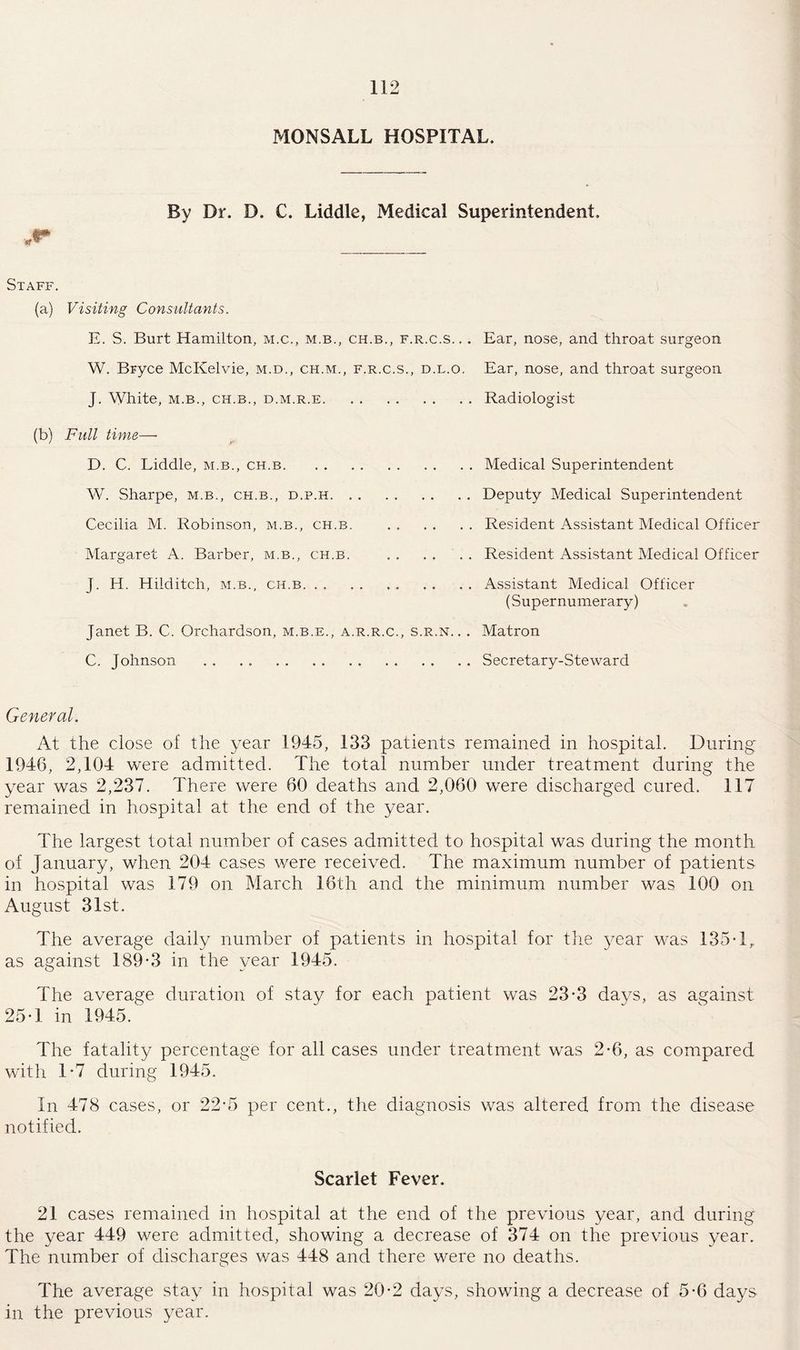 MONSALL HOSPITAL, By Dr. D. C. Liddle, Medical Superintendent. *** _ Staff. (a) Visiting Consultants. E. S. Burt Hamilton, m.c., m.b., ch.b., f.r.c.s. . . Ear, nose, and throat surgeon W. Bryce McKelvie, m.d., ch.m., f.r.c.s., d.l.o. Ear, nose, and throat surgeon J. White, m.b., ch.b., d.m.r.e.Radiologist (b) Full time— D. C. Liddle, m.b., ch.b.Medical Superintendent W. Sharpe, m.b., ch.b., d.p.h.Deputy Medical Superintendent Cecilia M. Robinson, m.b., ch.b. .Resident Assistant Medical Officer Margaret A. Barber, m.b., ch.b. .Resident Assistant Medical Officer J. H. Hilditch, m.b., ch.b.. .. .. Assistant Medical Officer (Supernumerary) Janet B. C. Orchardson, m.b.e., a.r.r.c., s.r.n. . . Matron C. Johnson . . . . .Secretary-Steward General. At the close of the year 1945, 133 patients remained in hospital. During' 1946, 2,104 were admitted. The total number under treatment during the year was 2,237. There were 60 deaths and 2,060 were discharged cured. 117 remained in hospital at the end of the year. The largest total number of cases admitted to hospital was during the month of January, when 204 cases were received. The maximum number of patients in hospital was 179 on March 16th and the minimum number was 100 on August 31st. The average daily number of patients in hospital for the year was 135 T, as against 189-3 in the year 1945. The average duration of stay for each patient was 23-3 days, as against 25-1 in 1945. The fatality percentage for all cases under treatment was 2-6, as compared with 1-7 during 1945. In 478 cases, or 22-5 per cent., the diagnosis was altered from the disease notified. Scarlet Fever. 21 cases remained in hospital at the end of the previous year, and during the year 449 were admitted, showing a decrease of 374 on the previous year. The number of discharges was 448 and there were no deaths. The average stay in hospital was 20-2 days, showing a decrease of 5-6 days in the previous year.