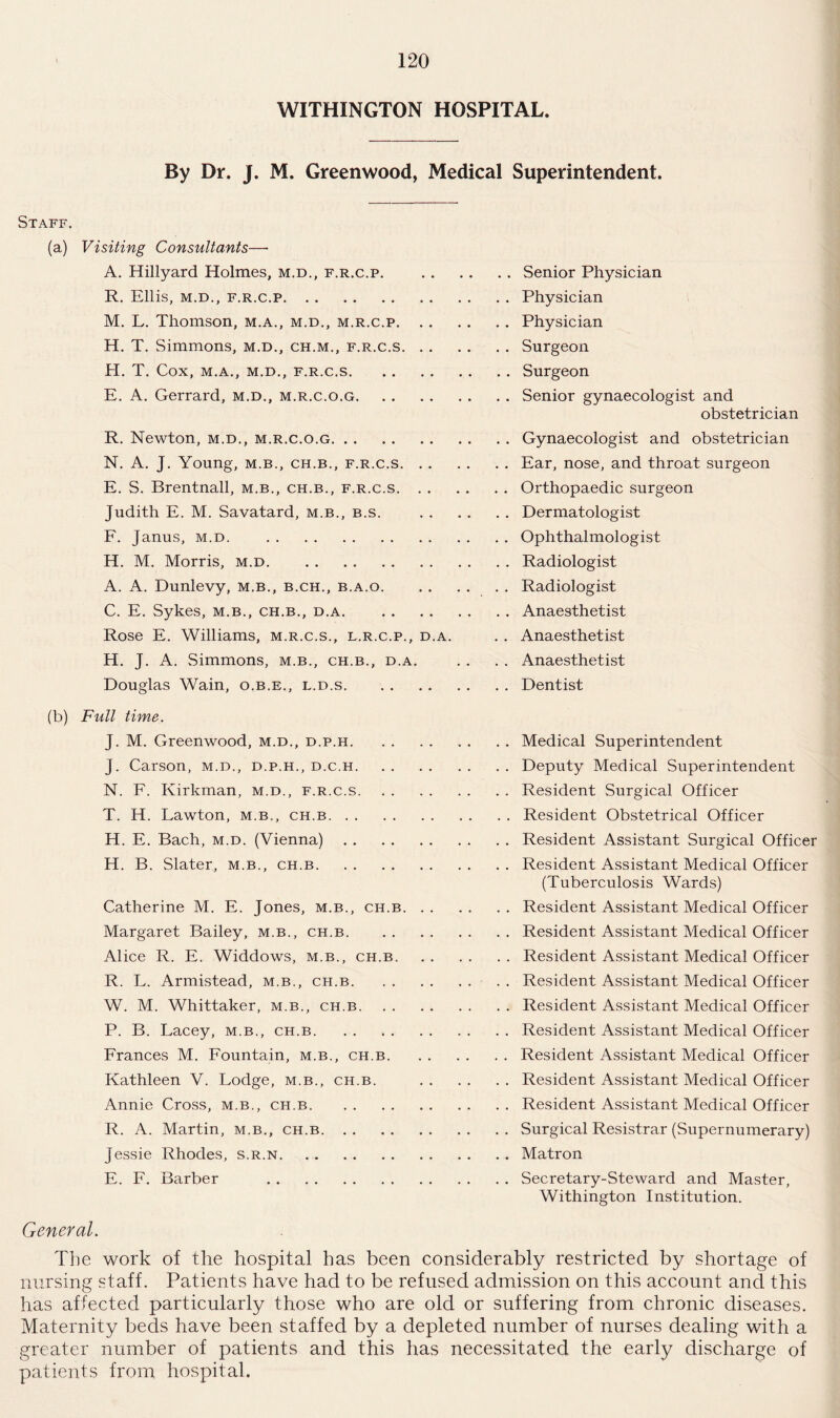 WITHINGTON HOSPITAL. By Dr. j. M. Greenwood, Medical Superintendent. Staff. (a) Visiting Consultants—• A. Hillyard Holmes, m.d., f.r.c.p. R. Ellis, M.D., f.r.c.p. M. L. Thomson, m.a., m.d., m.r.c.p. . . H. T. Simmons, m.d., ch.m., f.r.c.s. . . H. T. Cox, M.A., M.D., F.R.C.S. E. A. Gerrard, m.d., m.r.c.o.g. R. Newton, m.d., m.r.c.o.g. N. A. J. Young, M.B., ch.b., f.r.c.s. . . E. S. Brentnall, m.b., ch.b., f.r.c.s. . . Judith E. M. Savatard, m.b., b.s. F. Janus, m.d. . H. M. Morris, m.d. A. A. Dunlevy, m.b., b.ch., b.a.o. C. E. Sykes, m.b., ch.b., d.a. Rose E. Williams, m.r.c.s., l.r.c.p., d.a. H. J. A. Simmons, m.b., ch.b., d.a. Douglas Wain, o.b.e., l.d.s. (b) Full time. J. M. Greenwood, m.d., d.p.h. J. Carson, m.d., d.p.h., d.c.h. N. F. Kirkman, m.d., f.r.c.s. T. H. Lawton, m.b., ch.b. H. E. Bach, m.d. (Vienna). H. B. Slater, m.b., ch.b. Catherine M. E. Jones, m.b., ch.b. . . Margaret Bailey, m.b., ch.b. Alice R. E. Widdows, m.b., ch.b. R. L. Armistead, m.b., ch.b. W. M. Whittaker, m.b., ch.b. P. B. Lacey, m.b., ch.b. Frances M. Fountain, m.b., ch.b. Kathleen V. Lodge, m.b., ch.b. Annie Cross, m.b., ch.b. R. A. Martin, m.b., ch.b. Jessie Rhodes, s.r.n. E. F. Barber . Senior Physician Physician Physician Surgeon Surgeon Senior gynaecologist and obstetrician Gynaecologist and obstetrician Ear, nose, and throat surgeon Orthopaedic surgeon Dermatologist Ophthalmologist Radiologist Radiologist Anaesthetist Anaesthetist Anaesthetist Dentist Medical Superintendent Deputy Medical Superintendent Resident Surgical Officer Resident Obstetrical Officer Resident Assistant Surgical Officer Resident Assistant Medical Officer (Tuberculosis Wards) Resident Assistant Medical Officer Resident Assistant Medical Officer Resident Assistant Medical Officer Resident Assistant Medical Officer Resident Assistant Medical Officer Resident Assistant Medical Officer Resident Assistant Medical Officer Resident Assistant Medical Officer Resident Assistant Medical Officer Surgical Resistrar (Supernumerary) Matron Secretary-Steward and Master, Withington Institution. General. The work of the hospital has been considerably restricted by shortage of nursing staff. Patients have had to be refused admission on this account and this has affected particularly those who are old or suffering from chronic diseases. Maternity beds have been staffed by a depleted number of nurses dealing with a greater number of patients and this has necessitated the early discharge of patients from hospital.