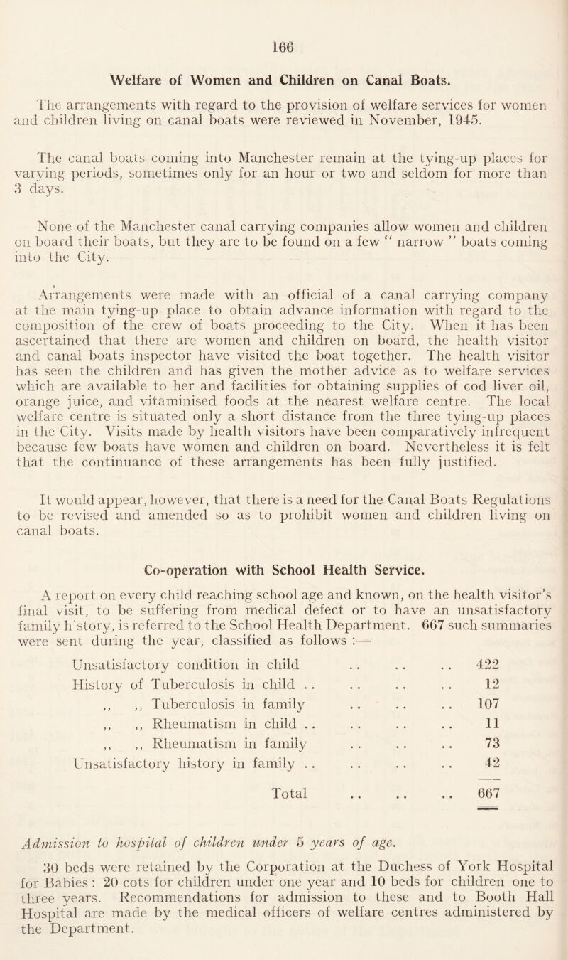 The arrangements with regard to the provision of welfare services for women and children living on canal boats were reviewed in November, 1945. The canal boats coming into Manchester remain at the tying-up places for varying periods, sometimes only for an hour or two and seldom for more than 3 days. None of the Manchester canal carrying companies allow women and children on board their boats, but they are to be found on a few “ narrow ” boats coming into the City. Arrangements were made with an official of a canal carrying company at the main tying-up place to obtain advance information with regard to the composition of the crew of boats proceeding to the City. When it has been ascertained that there are women and children on board, the health visitor and canal boats inspector have visited the boat together. The health visitor has seen the children and has given the mother advice as to welfare services which are available to her and facilities for obtaining supplies of cod liver oil, orange juice, and vitaminised foods at the nearest welfare centre. The local welfare centre is situated only a short distance from the three tying-up places in the City. Visits made by health visitors have been comparatively infrequent because few boats have women and children on board. Nevertheless it is felt that the continuance of these arrangements has been fully justified. It would appear, however, that there is a need for the Canal Boats Regulations to be revised and amended so as to prohibit women and children living on canal boats. Co-operation with School Health Service. A report on every child reaching school age and known, on the health visitor’s final visit, to be suffering from medical defect or to have an unsatisfactory family h story, is referred to the School Health Department. 667 such summaries were sent during the year, classified as follows :— Unsatisfactory condition in child .. . . . . 422 History of Tuberculosis in child . . . . . . .. 12 ,, ,, Tuberculosis in family .. . . . . 107 ,, ,, Rheumatism in child . . . . . . . . 11 ,, ,, Rheumatism in family .. .. .. 73 Unsatisfactory history in family . . .. . . . . 42 Total .. .. .. 667 Admission to hospital of children under 5 years of age. 30 beds were retained by the Corporation at the Duchess of York Hospital for Babies : 20 cots for children under one year and 10 beds for children one to three years. Recommendations for admission to these and to Booth Hall Hospital are made by the medical officers of welfare centres administered by the Department.
