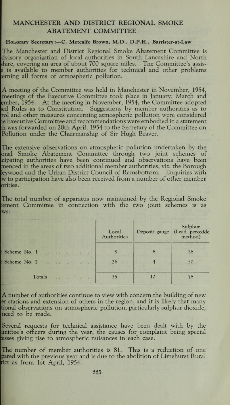 MANCHESTER AND DISTRICT REGIONAL SMOKE ABATEMENT COMMITTEE Honorary Secretary:—C. Metcalfe Brown, M.D., D.P.H., Barrister-at-Law The Manchester and District Regional Smoke Abatement Committee is dvisory organization of local authorities in South Lancashire and North ihire, covering an area of about 700 square miles. The Committee’s assis- ; is available to member authorities for technical and other problems erning all forms of atmospheric pollution. A meeting of the Committee was held in Manchester in November, 1954, meetings of the Executive Committee took place in January, March and ember, 1954. At the meeting in November, 1954, the Committee adopted ed Rules as to Constitution. Suggestions by member authorities as to rol and other measures concerning atmospheric pollution were considered le Executive Committee and recommendations were embodied in a statement h was forwarded on 28th April, 1954 to the Secretary of the Committee on Pollution under the Chairmanship of Sir Hugh Beaver. The extensive observations on atmospheric pollution undertaken by the onal Smoke Abatement Committee through two joint schemes of cipating authorities have been continued and observations have been menced in the areas of two additional member authorities, viz. the Borough eywood and the Urban District Council of Ramsbottom. Enquiries with w to participation have also been received from a number of other member orities. The total number of apparatus now maintained by the Regional Smoke :ement Committee in connection .with the two joint schemes is as ws:— Local Authorities Deposit gauge Sulphur (Lead peroxide method) : Scheme No. 1 . 9 8 28 : Scheme No. 2 . 26 4 50 Totals . 35 12 78 A number of authorities continue to view with concern the building of new er stations and extension of others in the region, and it is likely that many tional observations on atmospheric pollution, particularly sulphur dioxide, need to be made. Several requests for technical assistance have been dealt with by the imittee’s officers during the year, the causes for complaint being special :esses giving rise to atmospheric nuisances in each case. The number of member authorities is 81. This is a reduction of one pared with the previous year and is due to the abolition of Limehurst Rural rict as from 1st April, 1954.