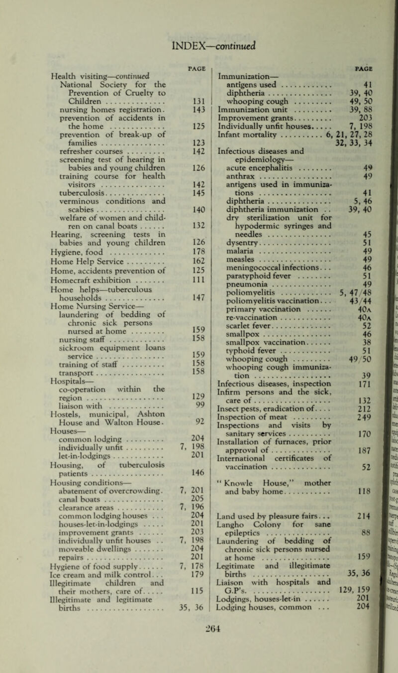 page Health visiting—continued National Society for the Prevention of Cruelty to Children. 131 nursing homes registration. 143 prevention of accidents in the home . 125 prevention of break-up of families. 123 refresher courses. 142 screening test of hearing in babies and young children 126 training course for health visitors . 142 tuberculosis. 145 verminous conditions and scabies. 140 welfare of women and child¬ ren on canal boats. 132 Hearing, screening tests in babies and young children 126 Hygiene, food . 178 Home Help Service. 162 Home, accidents prevention of 125 Homecraft exhibition. Ill Home helps—tuberculous households. 147 Home Nursing Service— laundering of bedding of chronic sick persons nursed at home. nursing staff. 158 sickroom equipment loans service. 159 training of staff. 158 transport. 158 Hospitals— co-operation within the region. 129 liaison with . 99 Hostels, municipal, Ashton House and Walton House- 92 Houses— common lodging. 204 individually unfit. 7, 198 let-in-lodgings. 201 Housing, of tuberculosis patients. 146 Housing conditions— abatement of overcrowding. 7, 201 canal boats. 205 clearance areas. 7, 196 common lodging houses . . . 204 houses-let-in-lodgings . 201 improvement grants . 203 individually unfit houses . . 7, 198 moveable dwellings.. 204 repairs. 201 Hygiene of food supply. 7, 178 Ice cream and milk control. . . 179 Illegitimate children and their mothers, care of. 115 Illegitimate and legitimate births . 35, 36 PAGE Immunisation— antigens used. 41 diphtheria. 39, 40 whooping cough . 49, 50 Immunization unit . 39, 88 Improvement grants. 203 Individually unfit houses. 7, 198 Infant mortality.6, 21, 27, 26 32, 33, 34 Infectious diseases and epidemiology— acute encephalitis . 49 anthrax. 49 antigens used in immuniza¬ tions . 41 diphtheria. 5, 46 diphtheria immunization .. 39, 40 dry sterilization unit for hypodermic syringes and needles . 45 dysentry. 51 malaria . 49 measles . 49 meningococcal infections... 46 paratyphoid fever . 51 pneumonia. 49 poliomyelitis . 5, 47/48 poliomyelitis vaccination.. . 43/44 primary vaccination . 40a re-vaccination. 40a scarlet fever.-..— 52 smallpox. 46 smallpox vaccination. 38 typhoid fever . -. 51 whooping cough . 49 50 whooping cough immuniza¬ tion . 39 Infectious diseases, inspection 171 Infirm persons and the sick, care of. 132 Insect pests, eradication of.... 212 Inspection of meat . 249 Inspections and visits by sanitary services. 170 Installation of furnaces, prior approval of. 187 International certificates of vaccination. 52 “ Knowle House,” mother and baby home. 118 Land used by pleasure fairs... 214 Langho Colony for sane epileptics . 88 Laundering of bedding of chronic sick persons nursed at home . 159 Legitimate and illegitimate births . 35,36 Liaison with hospitals and G.P's. 129, 159 Lodgings, houses-let-in. 201 Lodging houses, common ... 204 204