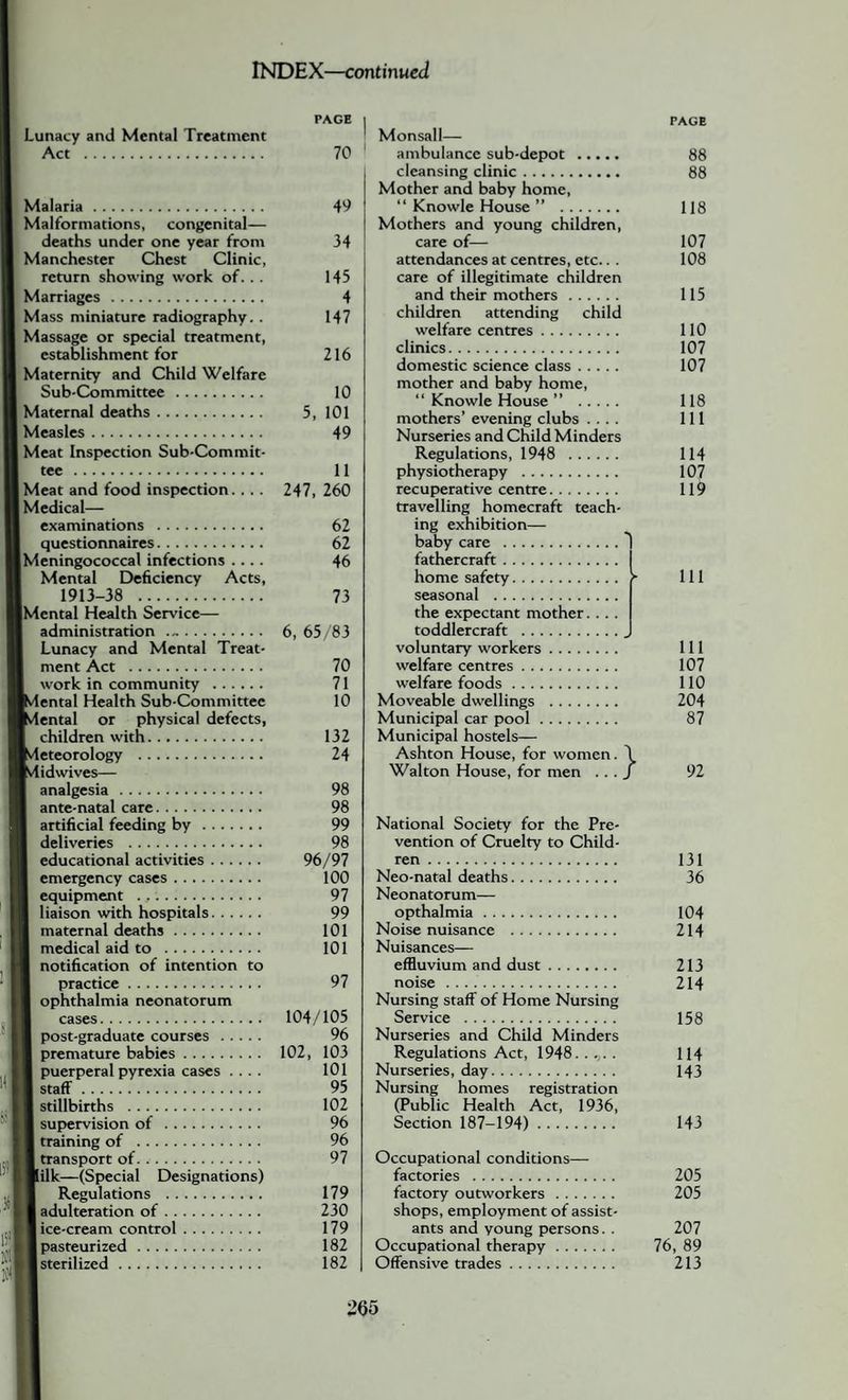 Lunacy and Mental Treatment Act . Malaria. Malformations, congenital— deaths under one year from Manchester Chest Clinic, return showing work of. .. Marriages. Mass miniature radiography. . Massage or special treatment, establishment for Maternity and Child Welfare Sub-Committee. | Maternal deaths. Measles. | Meat Inspection Sub-Commit¬ tee . I Meat and food inspection.... | Medical— examinations . questionnaires. |Meningococcal infections .... Mental Deficiency Acts, 1913-38 . |Mental Health Service— administration .. Lunacy and Mental Treat¬ ment Act . work in community . lental Health Sub-Committee lental or physical defects, children with. leteorology . lidwives— analgesia. ante-natal care. artificial feeding by . deliveries . educational activities. emergency cases. equipment .. liaison with hospitals. maternal deaths. medical aid to . notification of intention to practice. ophthalmia neonatorum cases. post-graduate courses . premature babies. puerperal pyrexia cases .... staff. stillbirths . supervision of. training of . I transport of. |lilk—(Special Designations) Regulations . adulteration of. ice-cream control. pasteurized. I sterilized. PAGE 70 49 34 145 4 147 216 10 5, 101 49 11 247, 260 62 62 46 73 6, 65/83 70 71 10 132 24 98 98 99 98 96/97 100 97 99 101 101 97 104/105 96 102, 103 101 95 102 96 96 97 179 230 179 182 182 PAGE Monsall— ambulance sub-depot. 88 cleansing clinic. 88 Mother and baby home, “ Knowle House ” . 118 Mothers and young children, care of— 107 attendances at centres, etc.. . 108 care of illegitimate children and their mothers. 115 children attending child welfare centres. 110 clinics. 107 domestic science class. 107 mother and baby home, “ Knowle House ” . 118 mothers’ evening clubs .... Ill Nurseries and Child Minders Regulations, 1948 . 114 physiotherapy . 107 recuperative centre. 119 travelling homecraft teach¬ ing exhibition— baby care . fathercraft. home safety.f Ill seasonal . the expectant mother.... toddlercraft .. voluntary workers. Ill welfare centres. 107 welfare foods. 110 Moveable dwellings . 204 Municipal car pool. 87 Municipal hostels— Ashton House, for women. \ Walton House, for men ... f 92 National Society for the Pre¬ vention of Cruelty to Child¬ ren . 131 Neo-natal deaths. 36 Neonatorum— opthalmia. 104 Noise nuisance . 214 Nuisances— effluvium and dust. 213 noise. 214 Nursing staff of Home Nursing Service . 158 Nurseries and Child Minders Regulations Act, 1948...... 114 Nurseries, day. 143 Nursing homes registration (Public Health Act, 1936, Section 187-194). 143 Occupational conditions— factories . 205 factory outworkers. 205 shops, employment of assist¬ ants and young persons. . 207 Occupational therapy. 76, 89 Offensive trades. 213
