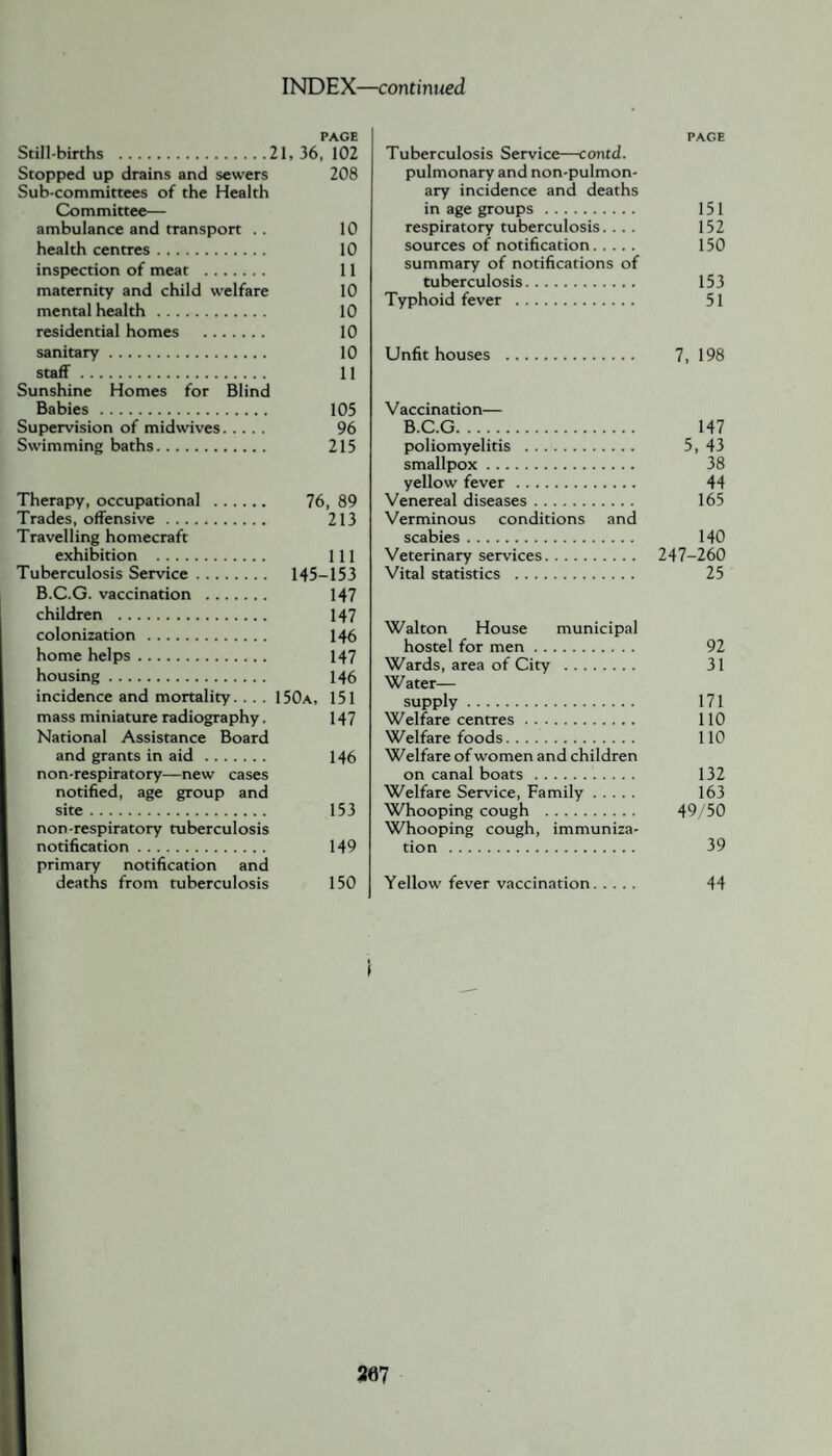 PAGE Still-births .21, 36, 102 Stopped up drains and sewers 208 Sub-committees of the Health Committee— ambulance and transport .. 10 health centres. 10 inspection of meat . 11 maternity and child welfare 10 mental health. 10 residential homes . 10 sanitary. 10 staff. 11 Sunshine Homes for Blind Babies. 105 Supervision of midwives. 96 Swimming baths. 215 Therapy, occupational . 76, 89 Trades, offensive. 213 Travelling homecraft exhibition . Ill Tuberculosis Service. 145-153 B.C.G. vaccination . 147 children . 147 colonization. 146 home helps. 147 housing. 146 incidence and mortality. . . . 150a, 151 mass miniature radiography. 147 National Assistance Board and grants in aid . 146 non-respiratory—new cases notified, age group and site. 153 non-respiratory tuberculosis notification. 149 primary notification and deaths from tuberculosis 150 PAGE Tuberculosis Service—contd. pulmonary and non-pulmon- ary incidence and deaths in age groups. 151 respiratory tuberculosis. .. . 152 sources of notification. 150 summary of notifications of tuberculosis. 153 Typhoid fever . 51 Unfit houses . 7, 198 Vaccination— B.C.G. 147 poliomyelitis . 5, 43 smallpox. 38 yellow fever. 44 Venereal diseases. 165 Verminous conditions and scabies. 140 Veterinary services. 247-260 Vital statistics . 25 Walton House municipal hostel for men. 92 Wards, area of City . 31 Water- supply . 171 Welfare centres. 110 Welfare foods. 110 Welfare of women and children on canal boats. 132 Welfare Service, Family. 163 Whooping cough . 49/50 Whooping cough, immuniza¬ tion . 39 Yellow fever vaccination. 44