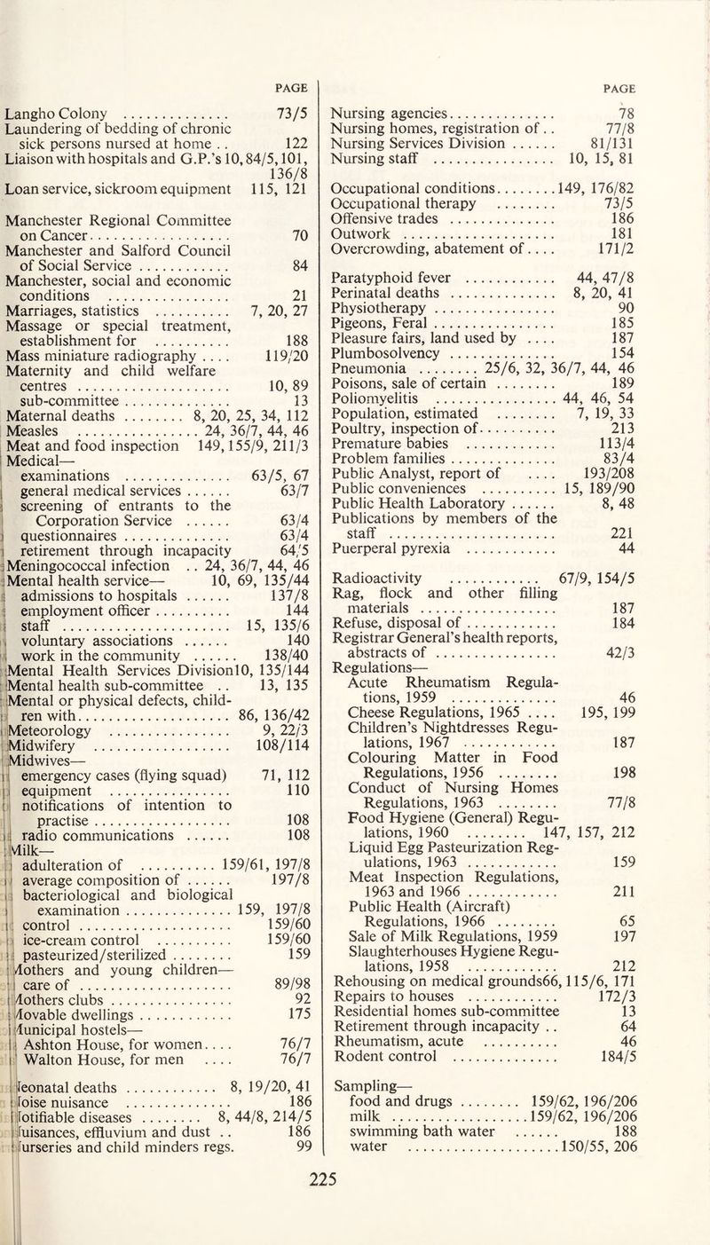 Langho Colony . 73/5 Laundering of bedding of chronic sick persons nursed at home .. 122 Liaison with hospitals and G.P.’s 10,84/5,101, 136/8 Loan service, sickroom equipment 115, 121 Manchester Regional Committee on Cancer. 70 Manchester and Salford Council of Social Service. 84 Manchester, social and economic conditions . 21 Marriages, statistics . 7, 20, 27 Massage or special treatment, establishment for . 188 Mass miniature radiography .... 119/20 Maternity and child welfare centres . 10, 89 sub-committee. 13 Maternal deaths . 8, 20, 25, 34, 112 Measles . 24, 36/7, 44, 46 Meat and food inspection 149,155/9, 211/3 Medical— examinations . 63/5, 67 general medical services. 63/7 screening of entrants to the Corporation Service . 63/4 questionnaires. 63/4 retirement through incapacity 64/5 Meningococcal infection .. 24, 36/7, 44, 46 Mental health service— 10, 69, 135/44 admissions to hospitals . 137/8 employment officer. 144 staff . 15, 135/6 voluntary associations . 140 work in the community . 138/40 Mental Health Services DivisionlO, 135/144 Mental health sub-committee .. 13, 135 Mental or physical defects, child¬ ren with. 86,136/42 Meteorology . 9,22/3 Vlidwifery . 108/114 Vlidwives— emergency cases (flying squad) 71, 112 equipment . 110 notifications of intention to practise. 108 radio communications . 108 Milk— adulteration of . 159/61,197/8 average composition of ...... 197/8 bacteriological and biological examination. 159, 197/8 control . ice-cream control . pasteurized/sterilized. Mothers and young children- care of . dothers clubs. /lovable dwellings. Municipal hostels— Ashton House, for women.. Walton House, for men 159/60 159/60 159 89/98 92 175 76/7 76/7 leonatal deaths . 8, 19/20, 41 loise nuisance . 186 lotifiable diseases . 8,44/8,214/5 ifuisances, effluvium and dust .. 186 i lurseries and child minders regs. 99 v Nursing agencies. 78 Nursing homes, registration of.. 77/8 Nursing Services Division. 81/131 Nursing staff . 10,15,81 Occupational conditions.149, 176/82 Occupational therapy . 73/5 Offensive trades . 186 Outwork . 181 Overcrowding, abatement of.... 171/2 Paratyphoid fever . 44,47/8 Perinatal deaths . 8, 20, 41 Physiotherapy. 90 Pigeons, Feral. 185 Pleasure fairs, land used by .... 187 Plumbosolvency . 154 Pneumonia . 25/6, 32, 36/7, 44, 46 Poisons, sale of certain . 189 Poliomyelitis . 44, 46, 54 Population, estimated . 7, 19, 33 Poultry, inspection of. 213 Premature babies . 113/4 Problem families. 83/4 Public Analyst, report of .... 193/208 Public conveniences . 15,189/90 Public Health Laboratory. 8, 48 Publications by members of the staff . 221 Puerperal pyrexia . 44 Radioactivity . 67/9, 154/5 Rag, flock and other filling materials . 187 Refuse, disposal of. 184 Registrar General’s health reports, abstracts of . 42/3 Regulations— Acute Rheumatism Regula¬ tions, 1959 . 46 Cheese Regulations, 1965 .... 195, 199 Children’s Nightdresses Regu¬ lations, 1967 . 187 Colouring Matter in Food Regulations, 1956 . 198 Conduct of Nursing Homes Regulations, 1963 . 77/8 Food Hygiene (General) Regu¬ lations, 1960 . 147, 157, 212 Liquid Egg Pasteurization Reg¬ ulations, 1963 . 159 Meat Inspection Regulations, 1963 and 1966 . 211 Public Health (Aircraft) Regulations, 1966 . 65 Sale of Milk Regulations, 1959 197 Slaughterhouses Hygiene Regu¬ lations, 1958 212 Rehousing on medical grounds66,115/6, 171 Repairs to houses . 172/3 Residential homes sub-committee 13 Retirement through incapacity .. 64 Rheumatism, acute . 46 Rodent control . 184/5 Sampling— food and drugs. 159/62, 196/206 milk .159/62,196/206 swimming bath water . 188 water .150/55,206
