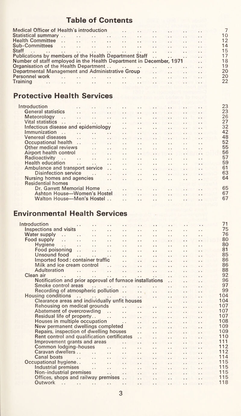 Table of Contents Medical Officer of Health's introduction . 7 Statistical summary. 10 Health Committee. 12 Sub-Committees. 14 Staff. 15 Publications by members of the Health Department Staff. 17 Number of staff employed in the Health Department in December, 1971 .. 18 Organisation of the Health Department. 19 Departmental Management and Administrative Group . 20 Personnel work . 20 Training . 22 Protective Health Services Introduction .. .. .. .. .. .. .. .. .. 23 General statistics . 23 Meteorology. 26 Vital statistics. 27 Infectious disease and epidemiology . 32 Immunization. 42 Venereal diseases . 48 Occupational health. 52 Other medical reviews . 55 Airport health control 56 Radioactivity. 57 Health education . 59 Ambulance and transport service. 61 Disinfection service . 63 Nursing homes and agencies . 64 Residential homes Dr. Garrett Memorial Home. 65 Ashton House—Women's Hostel . 67 Walton House—Men's Hostel. 67 Environmental Health Services Introduction . .. 71 Inspections and visits . 75 Water supply. 76 Food supply. 80 Hygiene. 80 Food poisoning. 81 Unsound food. 85 Imported food: container traffic . 86 Milk and ice cream control . 86 Adulteration . 88 Clean air . 92 Notification and prior approval of furnace installations. 96 Smoke control areas .. .. .. .. .. .. .. .. 97 Recording of atmospheric pollution. 99 Housing conditions. 104 Clearance areas and individually unfit houses 104 Rehousing on medical grounds . 107 Abatement of overcrowding. 107 Residual life of property. 107 Houses in multiple occupation . 108 New permanent dwellings completed . 109 Repairs, inspection of dwelling houses . 109 Rent control and qualification certificates. 110 Improvement grants and areas . Ill Common lodging-houses . 112 Caravan dwellers.. .. .. .. .. .. .. .. .. 112 Canal boats . 114 Occupational hygiene. 115 Industrial premises .. .. .. .. .. .. .. .. 115 Non-industrial premises . 115 Offices, shops and railway premises. 115 Outwork. 118