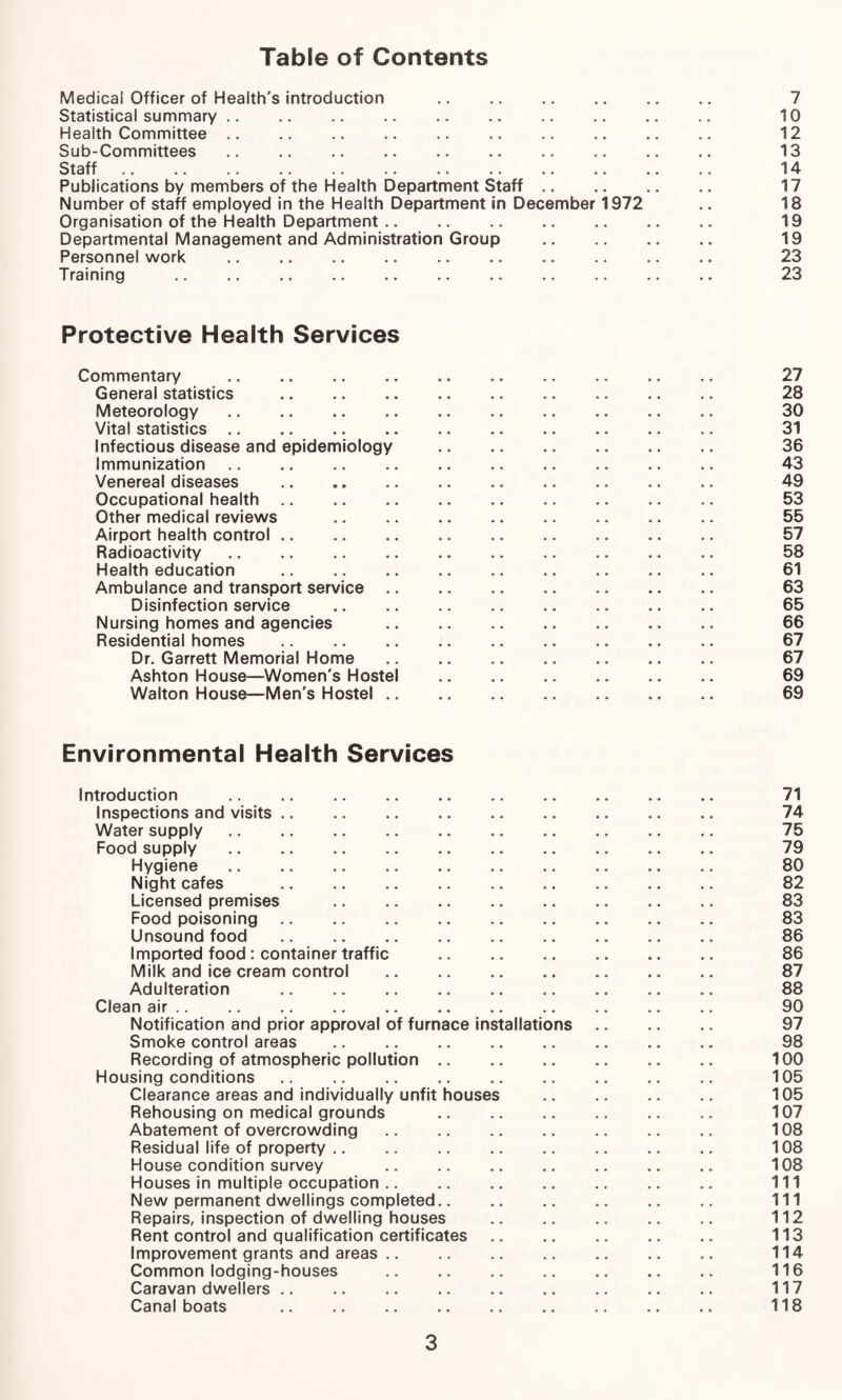 Table of Contents Medicai Officer of Health's introduction . 7 Statistical summary .. .. .. .. .. .. .. .. .. .. 10 Health Committee. 12 Sub-Committees. 13 Staff .. .. .. .. .. .. .. .. .. .. .. .. 14 Publications by members of the Health Department Staff. 17 Number of staff employed in the Health Department in December 1972 .. 18 Organisation of the Health Department. 19 Departmental Management and Administration Group . 19 Personnel work .. .. .. .. .. .. .. .. .. .. 23 Training .. .. .. .. .. .. .. .. .. .. .. 23 Protective Health Services Commentary . 27 General statistics . 28 Meteorology. 30 Vital statistics. 31 Infectious disease and epidemiology . 36 Immunization. 43 Venereal diseases . 49 Occupational health. 53 Other medical reviews . 55 Airport health control. 57 Radioactivity. 58 Health education . 61 Ambulance and transport service. 63 Disinfection service . 65 Nursing homes and agencies . 66 Residential homes .. .. .. .. .. .. .. .. 67 Dr. Garrett Memorial Home. 67 Ashton House—Women's Hostel . 69 Walton House—Men's Hostel. 69 Environmental Health Services Introduction . 71 Inspections and visits. 74 Water supply. 75 Food supply. 79 Hygiene. 80 Night cafes . 82 Licensed premises . 83 Food poisoning. 83 Unsound food . 86 Imported food: container traffic . 86 Milk and ice cream control . 87 Adulteration . 88 Clean air. 90 Notification and prior approval of furnace installations. 97 Smoke control areas . 98 Recording of atmospheric pollution. 100 Housing conditions .. .. .. .. .. .. .. .. .. 105 Clearance areas and individually unfit houses . 105 Rehousing on medical grounds . 107 Abatement of overcrowding .. .. .. .. .. .. .. 108 Residual life of property. 108 House condition survey .. .. .. .. .. .. .. 108 Houses in multiple occupation. Ill New permanent dwellings completed. Ill Repairs, inspection of dwelling houses . 112 Rent control and qualification certificates. 113 Improvement grants and areas. 114 Common lodging-houses . 116 Caravan dwellers .. .. .. .. .. .. .. .. .. 117 Canal boats . 118