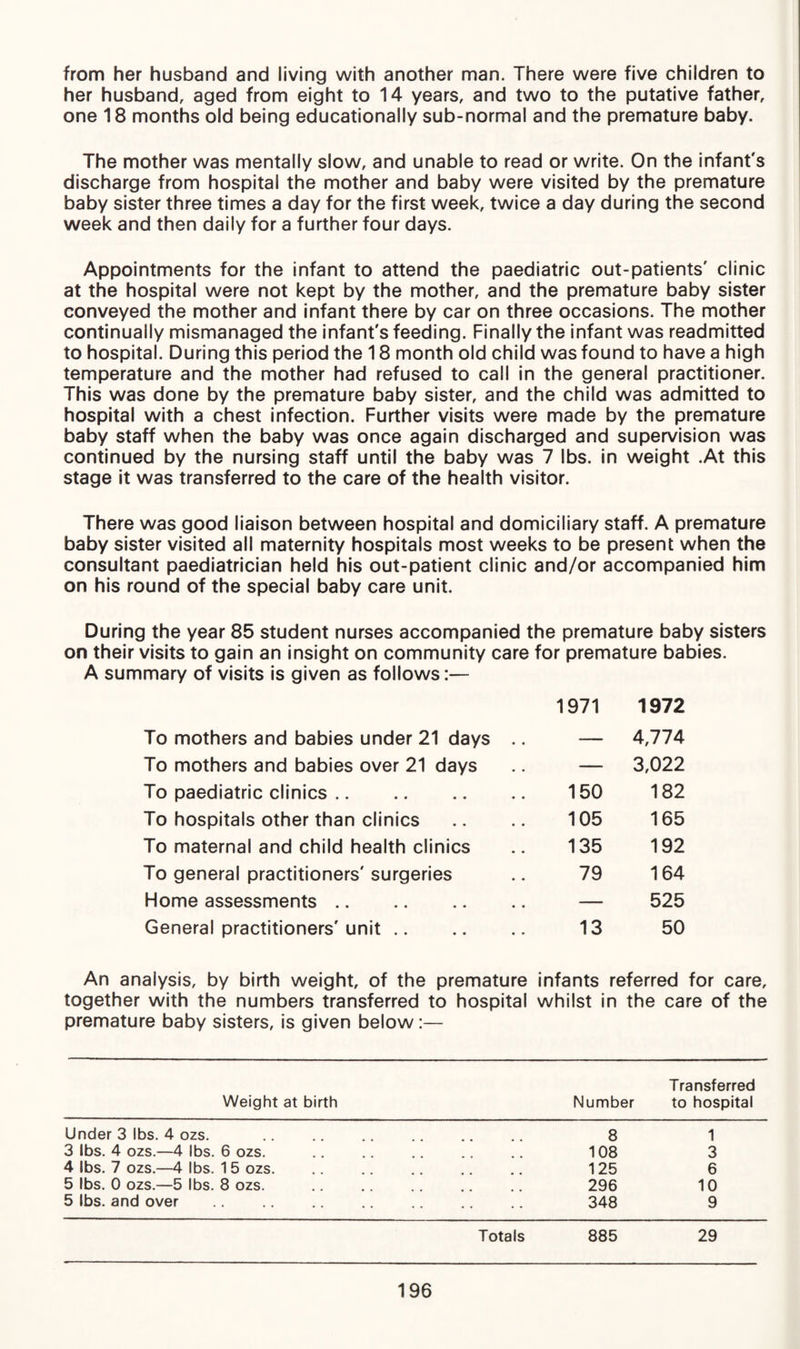from her husband and living with another man. There were five children to her husband, aged from eight to 14 years, and two to the putative father, one 18 months old being educationally sub-normal and the premature baby. The mother was mentally slow, and unable to read or write. On the infant's discharge from hospital the mother and baby were visited by the premature baby sister three times a day for the first week, twice a day during the second week and then daily for a further four days. Appointments for the infant to attend the paediatric out-patients' clinic at the hospital were not kept by the mother, and the premature baby sister conveyed the mother and infant there by car on three occasions. The mother continually mismanaged the infant's feeding. Finally the infant was readmitted to hospital. During this period the 18 month old child was found to have a high temperature and the mother had refused to call in the general practitioner. This was done by the premature baby sister, and the child was admitted to hospital with a chest infection. Further visits were made by the premature baby staff when the baby was once again discharged and supervision was continued by the nursing staff until the baby was 7 lbs. in weight .At this stage it was transferred to the care of the health visitor. There was good liaison between hospital and domiciliary staff. A premature baby sister visited all maternity hospitals most weeks to be present when the consultant paediatrician held his out-patient clinic and/or accompanied him on his round of the special baby care unit. During the year 85 student nurses accompanied the premature baby sisters on their visits to gain an insight on community care for premature babies. A summary of visits is given as follows:— 1971 1972 To mothers and babies under 21 days .. — 4,774 To mothers and babies over 21 days — 3,022 To paediatric clinics. 150 182 To hospitals other than clinics 105 165 To maternal and child health clinics 135 192 To general practitioners' surgeries 79 164 Flome assessments. — 525 General practitioners' unit. 13 50 An analysis, by birth weight, of the premature infants referred for care, together with the numbers transferred to hospital whilst in the care of the premature baby sisters, is given below:— Weight at birth Number Transferred to hospital Under 3 lbs. 4 ozs. . 8 1 3 lbs. 4 ozs.—4 lbs. 6 ozs. 108 3 4 lbs. 7 ozs.—4 lbs. 15 ozs. 125 6 5 lbs. 0 ozs.—5 lbs. 8 ozs. 296 10 5 lbs. and over .. 348 9 Totals 885 29