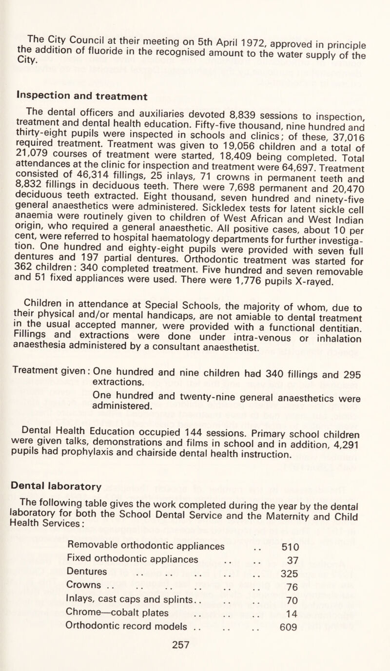 tJ^y Council at their meeting on 5th April 1972, approved in principle the^ddmon of fluoride in the recognised amount to the water supply of the Inspection and treatment The dental officers and auxiliaries devoted 8,839 sessions to inspection treatment and dental health education. Fifty-five thousand, nine hundred and thirty-eight pupils were inspected in schools and clinics; of these 37 016 treatment Treatment was given to 19,056 children and a total of 21 079 courses of treatment were started, 18,409 being completed. Total attendances at the clinic for inspection and treatment were 64,697. Treatment °f 46'314 fillings, 25 inlays, 71 crowns in permanent teeth and 8,832 fillings in deciduous teeth. There were 7,698 permanent and 20 470 deciduous teeth extracted. Eight thousand, seven hundred and ninetylfive general anaesthetics were administered. Sickledex tests for latent sickle cell anaemia were routinely given to children of West African and West Indian origin, who required a general anaesthetic. All positive cases, about 10 per cent, were referred to hospital haematology departments for further investiga¬ tion. One hundred and eighty-eight pupils were provided with seven full Part‘a* dentures. Orthodontic treatment was started for ™e: completed treatment. Five hundred and seven removable and 51 fixed appliances were used. There were 1,776 pupils X-rayed. Children in attendance at Special Schools, the majority of whom, due to their physical and/or mental handicaps, are not amiable to dental treatment in the usual accepted manner, were provided with a functional dentitian. rillings and extractions were done under intra-venous or inhalation anaesthesia administered by a consultant anaesthetist. Treatment given: One hundred and nine children had 340 fillings and 295 extractions. One hundred and twenty-nine general anaesthetics were administered. Dental Health Education occupied 144 sessions. Primary school children were given talks, demonstrations and films in school and in addition, 4,291 pupils had prophylaxis and chairside dental health instruction. Dental laboratory The following table gives the work completed during the year by the dental aboratory for both the School Dental Service and the Maternity and Child Health Services: Removable orthodontic appliances 510 Fixed orthodontic appliances 37 Dentures . 325 Crowns. 76 Inlays, cast caps and splints.. 70 Chrome—cobalt plates 14 Orthodontic record models .. 609