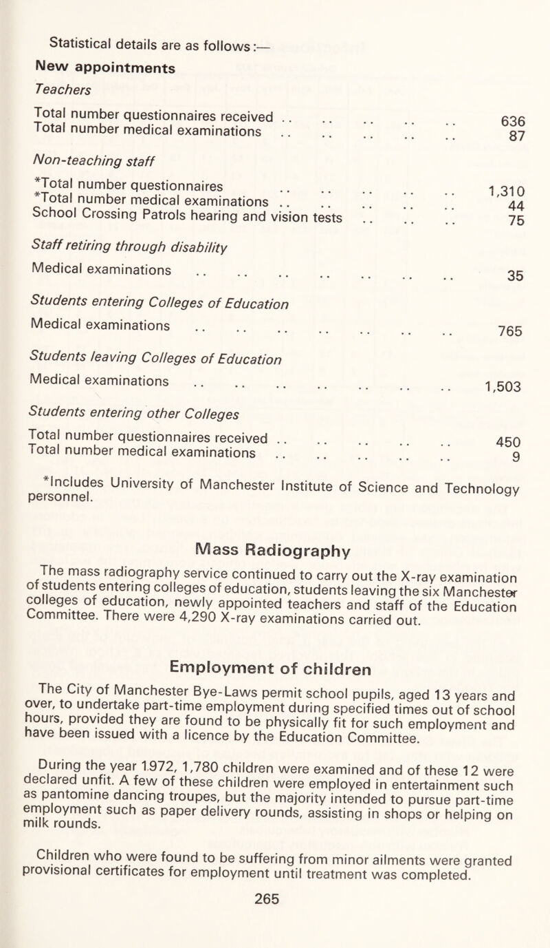 Statistical details are as follows:— Mew appointments Teachers Total number questionnaires received Total number medical examinations Non-teaching staff * Total number questionnaires *Total number medical examinations .. School Crossing Patrols hearing and vision tests Staff retiring through disability Medical examinations . Students entering Colleges of Education Medical examinations . Students leaving Colleges of Education Medical examinations . Students entering other Colleges Total number questionnaires received Total number medical examinations 636 87 1,3f 0 44 75 35 765 1,503 450 9 ‘Includes University of Manchester Institute of Science and Technology personnel. IViass Radiography The mass radiography service continued to carry out the X-ray examination ot students entering colleges of education, students leaving the six Manchester colleges of education, newly appointed teachers and staff of the Education Committee. There were 4,290 X-ray examinations carried out Employment of children The City of Manchester Bye-Laws permit school pupils, aged 13 years and over, to undertake part-time employment during specified times out of school hours, provided they are found to be physically fit for such employment and nave been issued with a licence by the Education Committee. During the year 1.972, 1,780 children were examined and of these 12 were declared unfit. A few of these children were employed in entertainment such as pantomine dancing troupes, but the majority intended to pursue part-time employment such as paper delivery rounds, assisting in shops or helping on milk rounds. Children who were found to be suffering from minor ailments were granted provisional certificates for employment until treatment was completed.