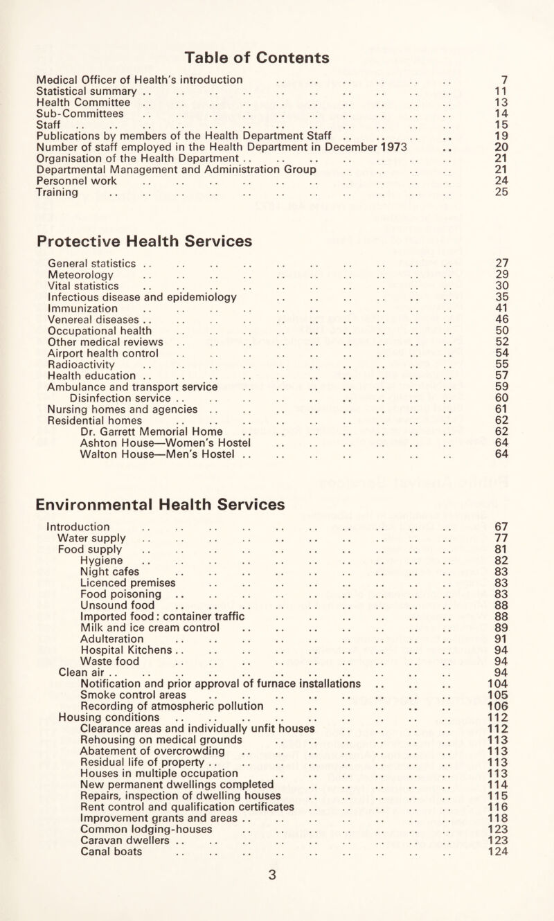 Table of Contents Medical Officer of Health's introduction . 7 Statistical summary. 11 Health Committee .. .. .. .. .. .. .. .. 13 Sub-Committees .. .. .. .. .. .. .. 14 Staff .. .. .. .. .. .. .. .. .. .. .. 15 Publications by members of the Health Department Staff.. 19 Number of staff employed in the Health Department in December 1973 .. 20 Organisation of the Health Department. 21 Departmental Management and Administration Group . 21 Personnel work .. .. .. .. .. .. .. 24 Training . 25 Protective Health Services General statistics .. .. .. .. .. .. .. .. .. 27 Meteorology .. .. .. .. .. .. .. .. .. .. 29 Vital statistics . 30 Infectious disease and epidemiology 35 Immunization . 41 Venereal diseases .. .. .. .. .. .. .. .. .. 46 Occupational health . 50 Other medical reviews. 52 Airport health control. 54 Radioactivity .. .. .. .. .. .. .. .. 55 Health education. 57 Ambulance and transport service . 59 Disinfection service .. .. .. .. .. .. .. .. .. 60 Nursing homes and agencies. 61 Residential homes . 62 Dr. Garrett Memorial Home . 62 Ashton House—Women's Hostel . 64 Walton House—Men's Hostel. 64 Environmental Health Services Introduction . 67 Water supply. 77 Food supply. 81 Hygiene. 82 Night cafes . 83 Licenced premises . 83 Food poisoning. 83 Unsound food . 88 Imported food: container traffic . 88 Milk and ice cream control . 89 Adulteration . 91 Hospital Kitchens. 94 Waste food . 94 Clean air. 94 Notification and prior approval of furnace installations. 104 Smoke control areas . 105 Recording of atmospheric pollution. 106 Housing conditions. 112 Clearance areas and individually unfit houses . 112 Rehousing on medical grounds . 113 Abatement of overcrowding. 113 Residual life of property. 113 Houses in multiple occupation 113 New permanent dwellings completed . 114 Repairs, inspection of dwelling houses . 115 Rent control and qualification certificates. 116 Improvement grants and areas. 118 Common lodging-houses . 123 Caravan dwellers. 123 Canal boats . 124