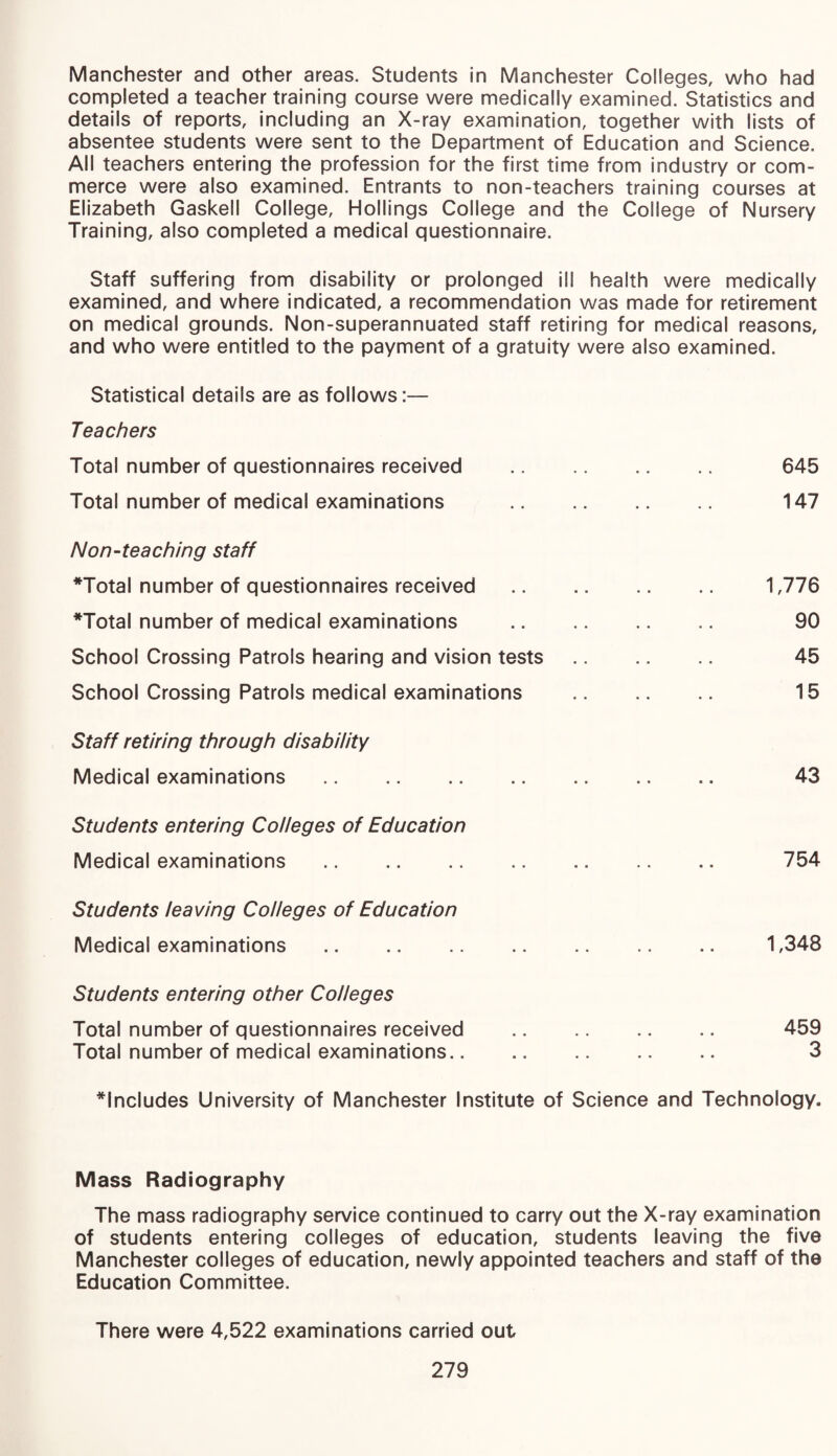 Manchester and other areas. Students in Manchester Colleges, who had completed a teacher training course were medically examined. Statistics and details of reports, including an X-ray examination, together with lists of absentee students were sent to the Department of Education and Science. All teachers entering the profession for the first time from industry or com¬ merce were also examined. Entrants to non-teachers training courses at Elizabeth Gaskell College, Hollings College and the College of Nursery Training, also completed a medical questionnaire. Staff suffering from disability or prolonged ill health were medically examined, and where indicated, a recommendation was made for retirement on medical grounds. Non-superannuated staff retiring for medical reasons, and who were entitled to the payment of a gratuity were also examined. Statistical details are as follows:— Teachers Total number of questionnaires received . 645 Total number of medical examinations . 147 Non-teaching staff *Total number of questionnaires received. 1,776 *Total number of medical examinations . 90 School Crossing Patrols hearing and vision tests. 45 School Crossing Patrols medical examinations . 15 Staff retiring through disability Medical examinations. 43 Students entering Colleges of Education Medical examinations. 754 Students leaving Colleges of Education Medical examinations. 1,348 Students entering other Colleges Total number of questionnaires received . 459 Total number of medical examinations. 3 includes University of Manchester Institute of Science and Technology. Mass Radiography The mass radiography service continued to carry out the X-ray examination of students entering colleges of education, students leaving the five Manchester colleges of education, newly appointed teachers and staff of the Education Committee. There were 4,522 examinations carried out