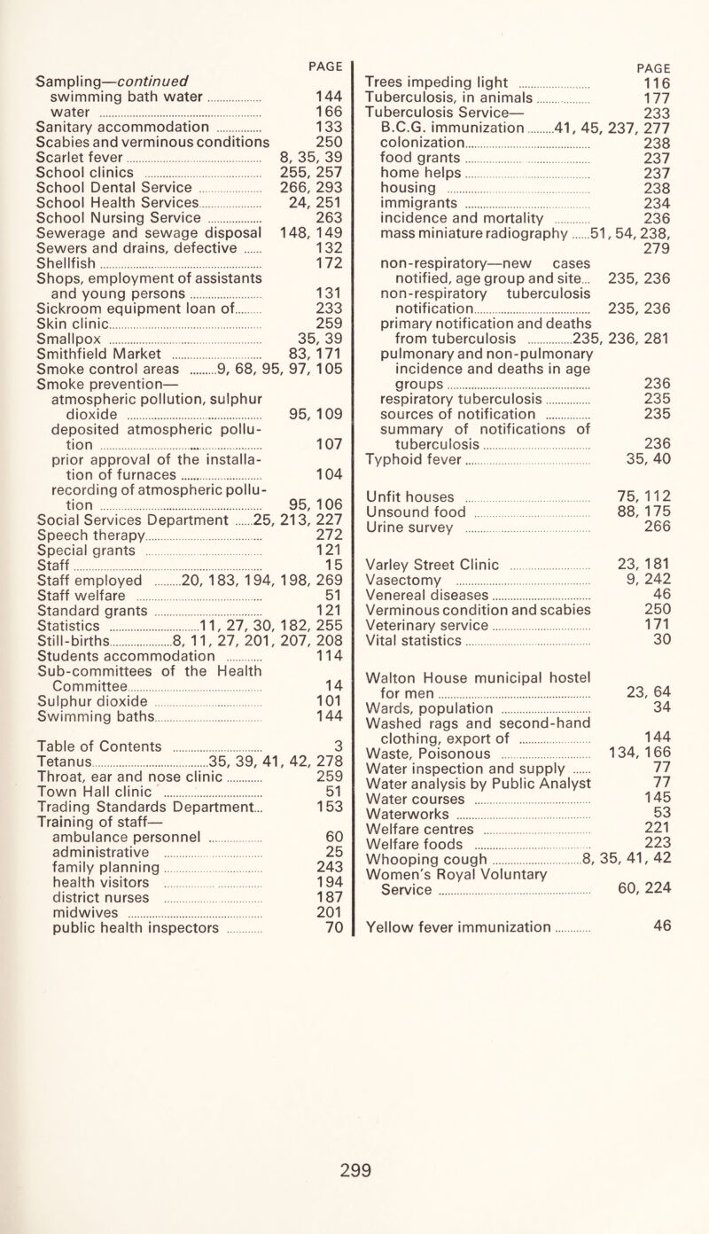 Sampling—continued swimming bath water. 144 water . 166 Sanitary accommodation . 133 Scabies and verminous conditions 250 Scarlet fever. 8, 35, 39 School clinics . 255, 257 School Dental Service . 266, 293 School Health Services. 24, 251 School Nursing Service . 263 Sewerage and sewage disposal 148, 149 Sewers and drains, defective . 132 Shellfish. 172 Shops, employment of assistants and young persons. 131 Sickroom equipment loan of. 233 Skin clinic. 259 Smallpox . 35, 39 Smithfield Market . 83,171 Smoke control areas .9, 68, 95, 97, 105 Smoke prevention— atmospheric pollution, sulphur dioxide . 95, 109 deposited atmospheric pollu¬ tion . 107 prior approval of the installa¬ tion of furnaces. 104 recording of atmospheric pollu¬ tion . 95, 106 Social Services Department .25, 213, 227 Speech therapy. 272 Special grants 121 Staff. 15 Staff employed .20, 183, 194, 198, 269 Staff welfare . 51 Standard grants . 121 Statistics .11,27,30,182,255 Still-births.8, 11, 27, 201, 207, 208 Students accommodation . 114 Sub-committees of the Health Committee. 14 Sulphur dioxide . 101 Swimming baths. 144 Table of Contents . 3 Tetanus.35, 39, 41, 42, 278 Throat, ear and nose clinic. 259 Town Hall clinic . 51 Trading Standards Department... 153 Training of staff— ambulance personnel . 60 administrative 25 family planning. 243 health visitors . 194 district nurses . 187 midwives . 201 public health inspectors . 70 Trees impeding light . 116 Tuberculosis, in animals.. 177 Tuberculosis Service— 233 B.C.G. immunization.41,45, 237, 277 colonization. 238 food grants. 237 home helps. 237 housing . 238 immigrants . 234 incidence and mortality . 236 mass miniature radiography.51,54, 238, 279 non-respiratory—new cases notified, age group and site... 235, 236 non-respiratory tuberculosis notification. 235, 236 primary notification and deaths from tuberculosis .235, 236, 281 pulmonary and non-pulmonary incidence and deaths in age groups. 236 respiratory tuberculosis. 235 sources of notification . 235 summary of notifications of tuberculosis. 236 Typhoid fever. 35,40 Unfit houses . 75, 112 Unsound food . 88,175 Urine survey . 266 Varley Street Clinic 23,181 Vasectomy . 9, 242 Venereal diseases. 46 Verminous condition and scabies 250 Veterinary service. 171 Vital statistics. 30 Walton House municipal hostel for men. 23, 64 Wards, population . 34 Washed rags and second-hand clothing, export of . 144 Waste, Poisonous . 134,166 Water inspection and supply . 77 Water analysis by Public Analyst 77 Water courses . 145 Waterworks . 53 Welfare centres . 221 Welfare foods . 223 Whooping cough.8, 35, 41, 42 Women's Royal Voluntary Service . 60, 224 Yellow fever immunization. 46