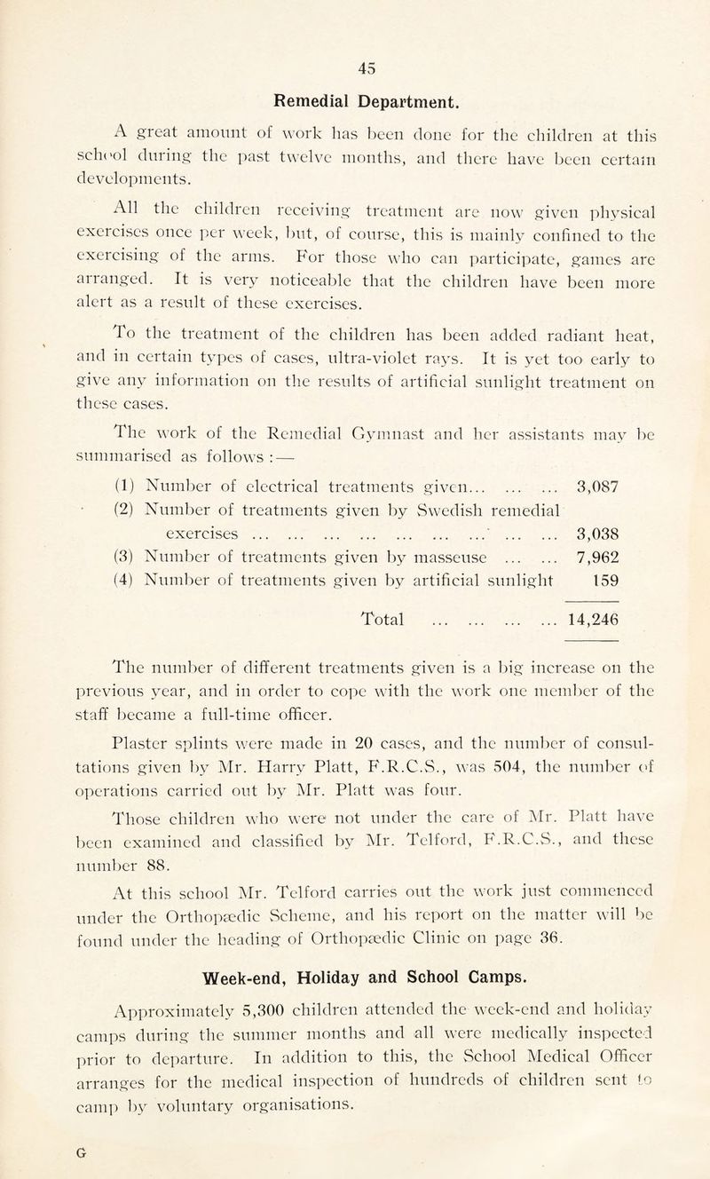 Remedial Department. A great amount of work has been clone for the children at this school during the past twelve months, and there have been certain developments. All the children receiving treatment are now given physical exercises once per week, but, of course, this is mainly confined to the exercising of the arms. For those who can participate, games are arranged. It is very noticeable that the children have been more alert as a result of these exercises. To the treatment of the children has been added radiant heat, and in certain types of cases, ultra-violet rays. It is yet too early to give any information on the results of artificial sunlight treatment on th ese cases. The work of the Remedial Gymnast and her assistants may be summarised as follows :—- (1) Number of electrical treatments given. 3,087 (2) Number of treatments given by Swedish remedial exercises .' . 3,038 (3) Number of treatments given by masseuse . 7,962 (4) Number of treatments given by artificial sunlight 159 Total .14,246 The number of different treatments given is a big increase on the previous year, and in order to cope with the work one member of the staff became a full-time officer. Plaster splints were made in 20 cases, and the number of consul¬ tations given by Mr. Harry Platt, F.R.C.S., was 504, the number of operations carried out by Mr. Platt was four. Those children who were not under the care of Mr. Platt have been examined and classified by Mr. Telford, F.R.C.S., and these number 88. At this school Mr. Telford carries out the work just commenced under the Orthopaedic Scheme, and his report on the matter will be found under the heading of Orthopaedic Clinic on page 36. Week-end, Holiday and School Camps. Approximately 5,300 children attended the week-end and holiday camps during the summer months and all were medically inspected prior to departure. In addition to this, the School Medical Officer arranges for the medical inspection of hundreds of children sent to camp by voluntary organisations. G
