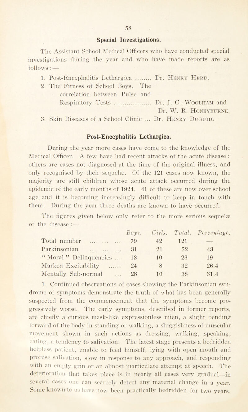 Special Investigations. The Assistant School Medical Officers who have conducted special investigations during the year and who have made reports are as follows : — 1. Post-Encephalitis Lethargica . Dr. Henry Herd. 2. The Fitness of School Boys. The correlation between Pulse and Respiratory Tests . Dr. J. G. Woorham and Dr. W. R. Honeyburne. 3. Skin Diseases of a School Clinic ... Dr. Henry Duguid. Post-Encephalitis Lethargica. During the year more cases have come to the knowledge of the Medical Officer. A few have had recent attacks of the acute disease : others are cases not diagnosed at the time of the original illness, and only recognised by their sequelae. Of the 121 cases now known, the majority are still children whose acute attack occurred during the epidemic of the early months of 1924. 41 of these are now over school age and it is becoming increasingly difficult to keep in touch with them. During the year three deaths are known to have occurred. The figures given below only refer to the more serious sequelae of the disease : — Boys. Girls. T otal. Percentage Total number . 79 42 121 — Parkinsonian . 31 21 52 43 “Moral” Delinquencies .. 13 10 23 19 Marked Excitability . 24 8 32 26.4 Mentally Sub-normal 28 10 38 31.4 1. Continued observations of cases showing the Parkinsonian syn¬ drome of symptoms demonstrate the truth of what has been generally suspected from the commencement that the symptoms become pro¬ gressively worse. The early symptoms, described in former reports, are chiefly a curious mask-like expressionless mien, a slight bending forward of the body in standing or walking, a sluggishness of muscular movement shown in such actions as dressing, walking, speaking, eating, a tendency to salivation. The latest stage presents a bedridden helpless patient, unable to feed himself, lying with open mouth and profuse salivation, slow in response to any approach, and responding with an empty grin or an almost inarticulate attempt at speech. The deterioration that takes place is in nearly all cases very gradual—in several cases one can scarcely detect any material change in a year. Some known to us have now been practically bedridden for two years.