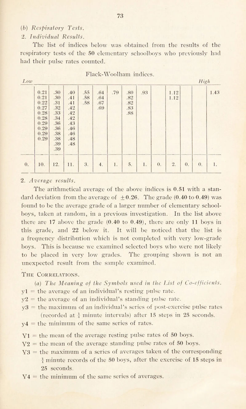 (b) Respiratory Tests. 2. Individual Results. The list of indices below was obtained from the results of the respiratory tests of the 50 elementary schoolboys who previously had had their pulse rates counted. Flack-Woolham indices. Low High 0.21 0.21 0.22 0.27 0.28 0.28 0.29 0.29 0.29 0.29 .30 .30 .31 .32 .33 .34 .36 .36 .38 .38 .39 .39 .40 .41 .41 .42 .42 .42 .43 .46 .46 .48 .48 .55 .58 .58 .64 .64 .67 .69 .79 .80 .82 .82 .83 .88 .93 1.12 1.12 1.43 0. 10. 12. 11. 3. 4. 1. 5. 1. 0. 2. 0. 0. 1. 2. Average results. The arithmetical average of the above indices is 0.51 with a stan¬ dard deviation from the average of +0.26. The grade (0.40 to 0.49) was found to be the average grade of a larger number of elementary school¬ boys, taken at random, in a previous investigation. In the list above there are 17 above the grade (0.40 to 0.49), there are only 11 boys in this grade, and 22 below it. It will be noticed that the list is a frequency distribution which is not completed with very low-grade boys. This is because we examined selected boys who were not likely to be placed in very low grades. The grouping shown is not an unexpected result from the sample examined. The Correlations. (a) The Meaning of the Symbols used in the List of Co-efficients. yl = the average of an individual’s resting pulse rate. y2 = the average of an individual’s standing pulse rate. y3 = the maximum of an individual’s series of post-exercise pulse rates (recorded at £ minute intervals) after 15 steps in 25 seconds. y4 — the minimum of the same series of rates. Yl = the mean of the average resting pulse rates of 50 boys. Y2 = the mean of the average standing pulse rates of 50 boys. Y3 = the maximum of a series of averages taken of the corresponding £ minute records of the 50 boys, after the exercise of 15 steps in 25 seconds. Y4 = the minimum of the same series of averages.