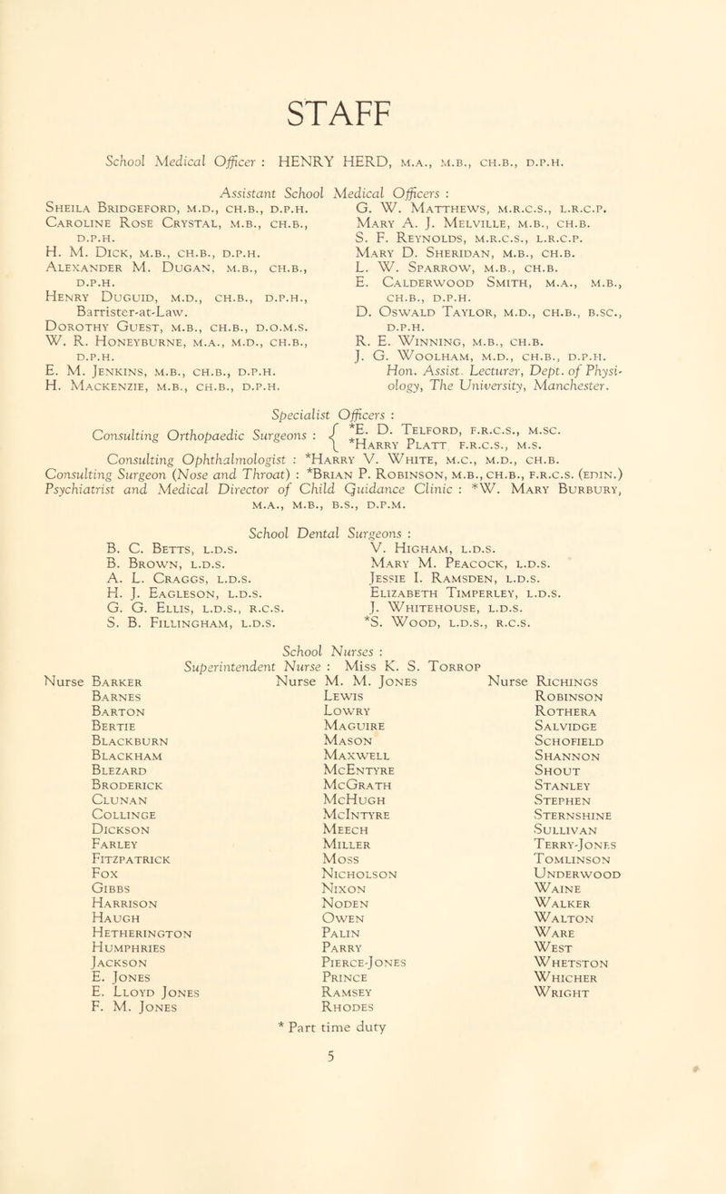 STAFF School Medical Officer : HENRY HERD, m.a., m.b., ch.b., d.p.h. Assistant School Medical Officers : Sheila Bridgeford, m.d., ch.b., d.p.h. Caroline Rose Crystal, m.b., ch.b., d.p.h. H. M. Dick, m.b., ch.b., d.p.h. Alexander M. Dugan, m.b., ch.b., d.p.h. Henry Duguid, m.d., ch.b., d.p.h., Barrister-at-Law. Dorothy Guest, m.b., ch.b., d.o.m.s. W. R. Honeyburne, m.a., m.d., ch.b., D.P.H. E. M. Jenkins, m.b., ch.b., d.p.h. H. M ACKENZIE, M.B., CH.B., D.P.H. G. W. Matthews, m.r.c.s., l.r.c.p. Mary A. J. Melville, m.b., ch.b. S. F. Reynolds, m.r.c.s., l.r.c.p. Mary D. Sheridan, m.b., ch.b. L. W. Sparrow, m.b., ch.b. E. Calderwood Smith, m.a., m.b., ch.b., D.P.H. D. Oswald Taylor, m.d., ch.b., b.sc., d.p.h. R. E. Winning, m.b., ch.b. J. G. WoOLHAM, M.D., CH.B., D.P.H. Hon. Assist. Lecturer, Dept, of Physi¬ ology, The University, Manchester. Consulting Orthopaedic Surgeons Specialist Officers : f *E. D. Telford, f.r.c.s., m.sc. \ *Harry Platt f.r.c.s., m.s. Consulting Ophthalmologist : *Harry V. White, m.c., m.d., ch.b. Consulting Surgeon (Nose and Throat) : *Brian P. Robinson, m.b., ch.b., f.r.c.s. (edin.) Psychiatrist and Medical Director of Child Quidance Clinic : *W. Mary Burbury, M.A., M.B., B.S., D.P.M, School Dental Surgeons : B. C. Betts, l.d.s. B. Brown, l.d.s. A. L. Craggs, l.d.s. H. J. Eagleson, l.d.s. G. G. Ellis, l.d.s., r.c.s. S. B. Fillingham, l.d.s. V. Higham, l.d.s. Mary M. Peacock, l.d.s. Jessie I. Ramsden, l.d.s. Elizabeth Timperley, l.d.s. J. Whitehouse, l.d.s. *S. Wood, l.d.s., r.c.s. School Nurses : Superintendent Nurse : Miss K. S. Torrop Nurse Barker Barnes Barton Bertie Blackburn Blackham Blezard Broderick Clunan COLLINGE Dickson Farley Fitzpatrick Fox Gibbs Harrison Haugh Hetherington Humphries Jackson E. Jones E. Lloyd Jones F. M. Jones Nurse M. M. Jones Lewis Lowry Maguire Mason Maxwell McEntyre McGrath McHugh McIntyre Meech Miller Moss Nicholson Nixon Noden Owen Palin Parry PlERCE'J ONES Prince Ramsey Rhodes * Part time duty Nurse Richings Robinson Ro THERA Salvidge Schofield Shannon Shout Stanley Stephen Sternshine Sullivan TerrY'Jones Tomlinson Underwood Waine Walker Walton Ware West Whetston Whicher Wright