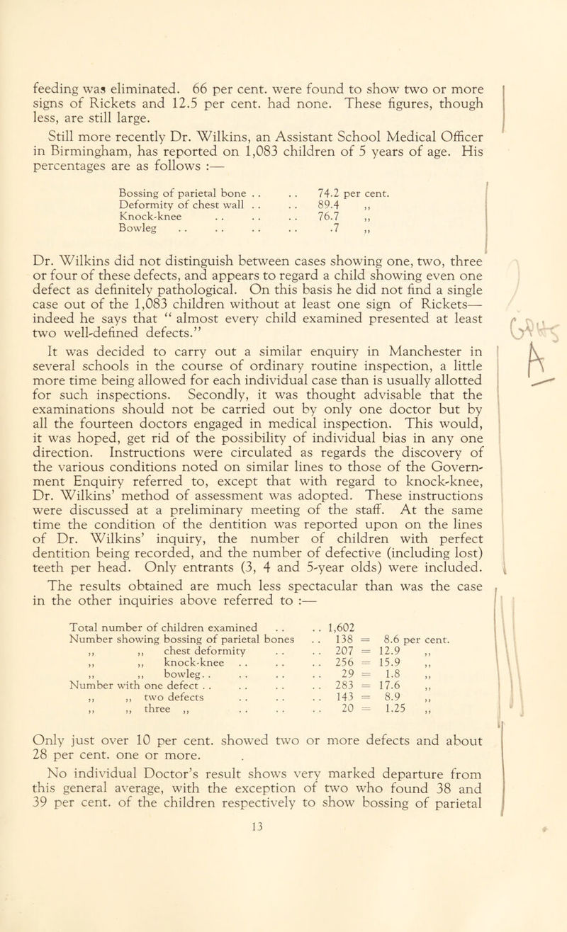 feeding was eliminated. 66 per cent, were found to show two or more signs of Rickets and 12.5 per cent, had none. These figures, though less, are still large. Still more recently Dr. Wilkins, an Assistant School Medical Officer in Birmingham, has reported on 1,083 children of 5 years of age. His percentages are as follows Bossing of parietal bone . . Deformity of chest wall . . Knock'knee Bowleg 74.2 per cent. 89.4 76.7 Dr. Wilkins did not distinguish between cases showing one, two, three or four of these defects, and appears to regard a child showing even one defect as definitely pathological. On this basis he did not find a single case out of the 1,083 children without at least one sign of Rickets— indeed he says that “ almost every child examined presented at least two welbdefined defects.” It was decided to carry out a similar enquiry in Manchester in several schools in the course of ordinary routine inspection, a little more time being allowed for each individual case than is usually allotted for such inspections. Secondly, it was thought advisable that the examinations should not be carried out by only one doctor but by all the fourteen doctors engaged in medical inspection. This would, it was hoped, get rid of the possibility of individual bias in any one direction. Instructions were circulated as regards the discovery of the various conditions noted on similar lines to those of the Govern- ment Enquiry referred to, except that with regard to knock-knee, Dr. Wilkins’ method of assessment was adopted. These instructions were discussed at a preliminary meeting of the staff. At the same time the condition of the dentition was reported upon on the lines of Dr. Wilkins’ inquiry, the number of children with perfect dentition being recorded, and the number of defective (including lost) teeth per head. Only entrants (3, 4 and 5-year olds) were included. The results obtained are much less spectacular than was the case in the other inquiries above referred to :— Total number of children examined Number showing bossing of parietal bones .. 1,602 .. 138 = 8.6 £ ,, ,, chest deformity .. 207 = 12.9 ,, ,, knock'knee .. 256 = 15.9 „ ,, bowleg.. 29 = 1.8 Number with one defect . . . . 283 = 17.6 ,, ,, two defects .. 143 = 8.9 ,, ,, three ,, 20 = 1.25 Only just over 10 per cent, showed two or more defects and about 28 per cent, one or more. No individual Doctor’s result shows very marked departure from this general average, with the exception of two who found 38 and 39 per cent, of the children respectively to show bossing of parietal