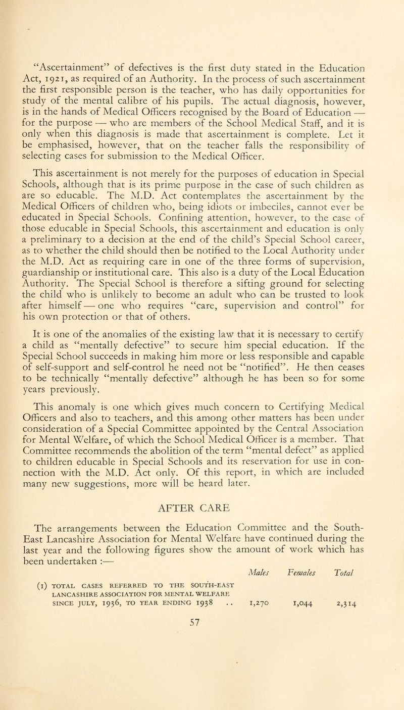 “Ascertainment” of defectives is the first duty stated in the Education Act, 1921, as required of an Authority. In the process of such ascertainment the first responsible person is the teacher, who has daily opportunities for study of the mental calibre of his pupils. The actual diagnosis, however, is in the hands of Medical Officers recognised by the Board of Education — for the purpose — who are members of the School Medical Staff, and it is only when this diagnosis is made that ascertainment is complete. Let it be emphasised, however, that on the teacher falls the responsibility of selecting cases for submission to the Medical Officer. This ascertainment is not merely for the purposes of education in Special Schools, although that is its prime purpose in the case of such children as are so educable. The M.D. Act contemplates the ascertainment by the Medical Officers of children who, being idiots or imbeciles, cannot ever be educated in Special Schools. Confining attention, however, to the case of those educable in Special Schools, this ascertainment and education is only a preliminary to a decision at the end of the child’s Special School career, as to whether the child should then be notified to the Local Authority under the M.D. Act as requiring care in one of the three forms of supervision, guardianship or institutional care. This also is a duty of the Local Education Authority. The Special School is therefore a sifting ground for selecting the child who is unlikely to become an adult who can be trusted to look after himself — one who requires “care, supervision and control” for his own protection or that of others. It is one of the anomalies of the existing law that it is necessary to certify a child as “mentally defective” to secure him special education. If the Special School succeeds in making him more or less responsible and capable of self-support and self-control he need not be “notified”. He then ceases to be technically “mentally defective” although he has been so for some years previously. This anomaly is one which gives much concern to Certifying Medical Officers and also to teachers, and this among other matters has been under consideration of a Special Committee appointed by the Central Association for Mental Welfare, of which the School Medical Officer is a member. That Committee recommends the abolition of the term “mental defect” as applied to children educable in Special Schools and its reservation for use in con¬ nection with the M.D. Act only. Of this report, in which are included many new suggestions, more will be heard later. AFTER CARE The arrangements between the Education Committee and the South- East Lancashire Association for Mental Welfare have continued during the last year and the following figures show the amount of work which has been undertaken :— Males Females Total TOTAL CASES REFERRED TO THE SOUTH-EAST LANCASHIRE ASSOCIATION FOR MENTAL WELFARE SINCE JULY, 1936, TO YEAR ENDING 1938 1,270 1,044 2,314